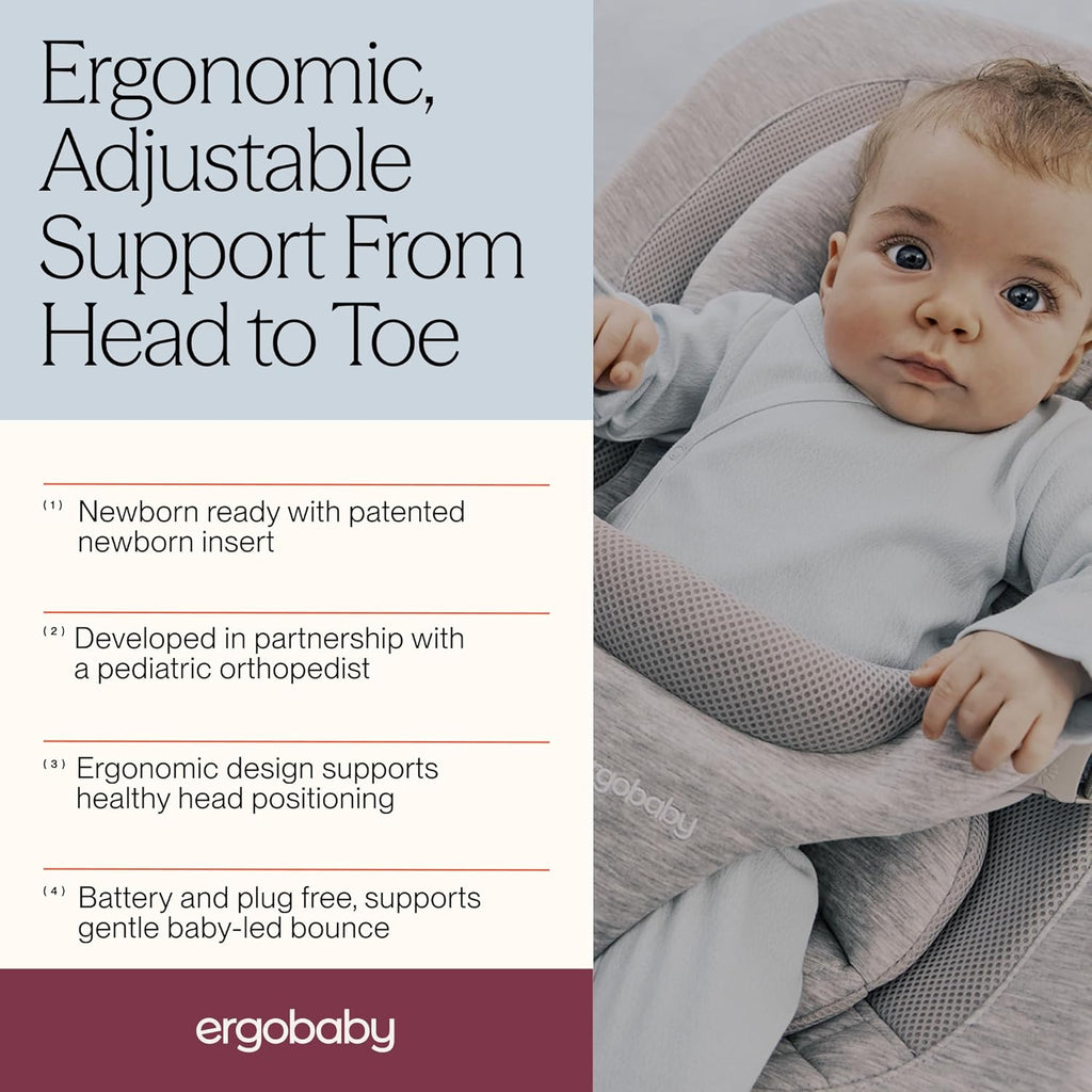Ergobaby Evolve 3-in-1 Bouncer Seat for Babies and Toddlers 5.5-25lbs - Multi Position Baby Rocker Seat with Adjustable Heights, Secure Harness, Newborn Insert - Charcoal Grey