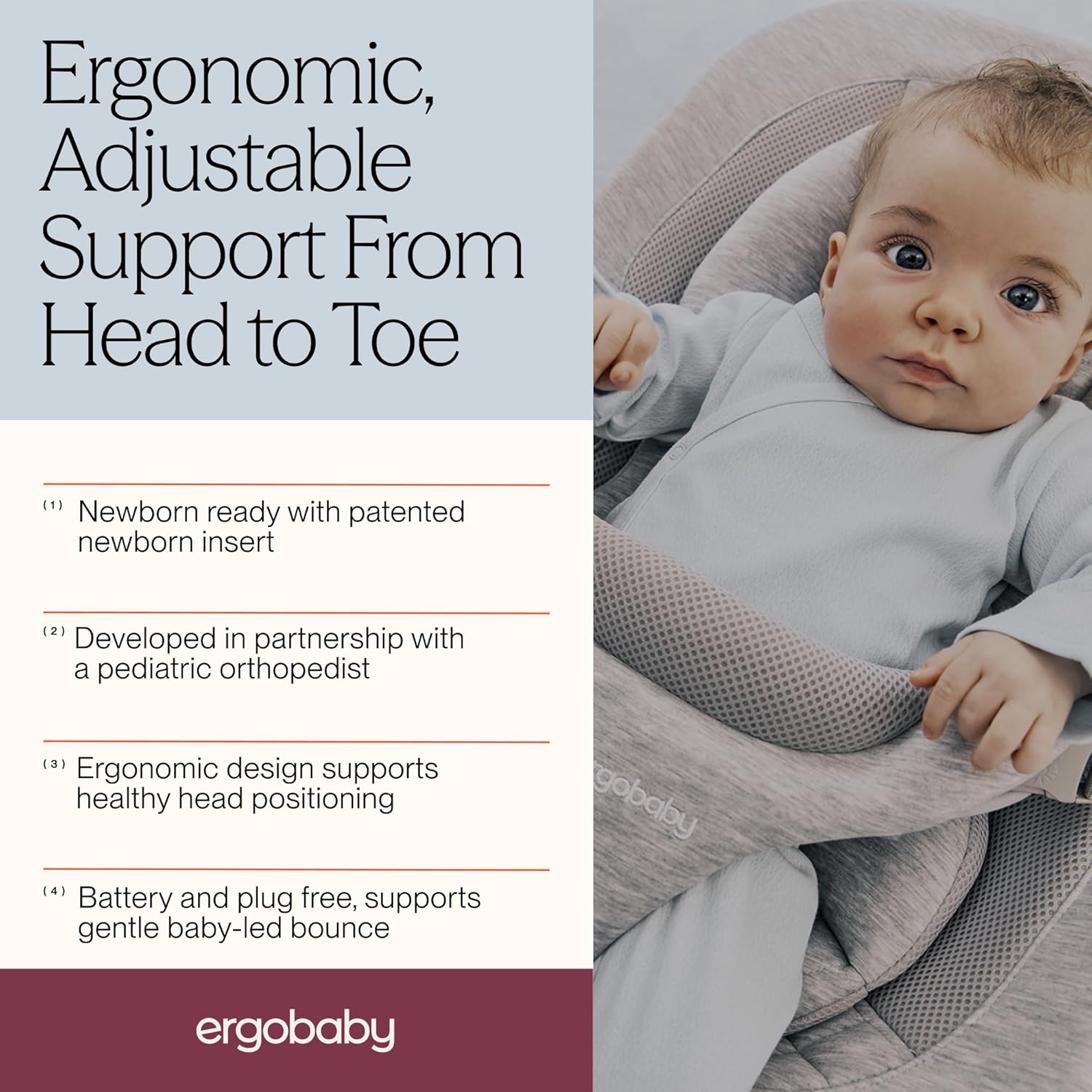 Ergobaby Evolve 3-in-1 Bouncer Seat for Babies and Toddlers 5.5-25lbs - Multi Position Baby Rocker Seat with Adjustable Heights, Secure Harness, Newborn Insert - Knit Cream