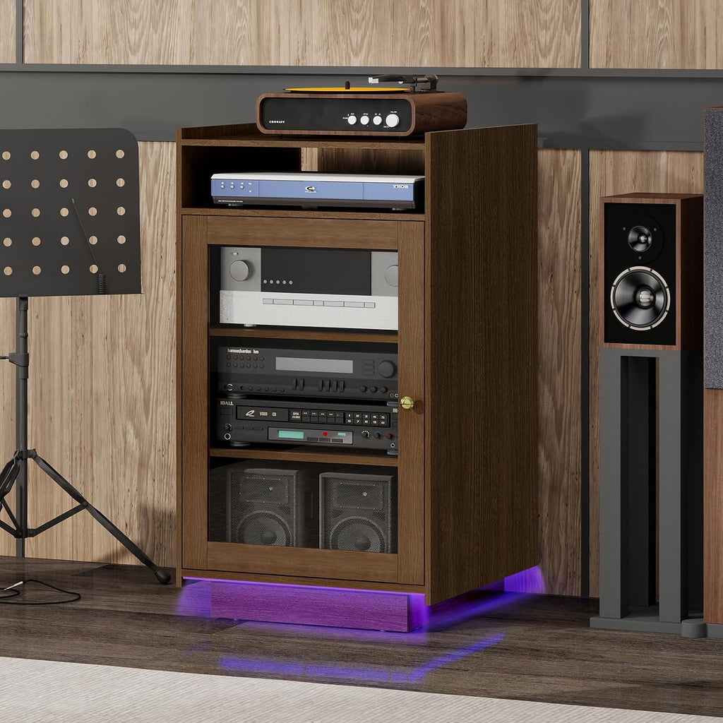 ELECWISH Media Cabinet with Tempered Glass Door, 5-Tier Stereo Cabinet with Adjustable Shelf, Media Stand with LED Light, AV Rack with Cable Management, Brown