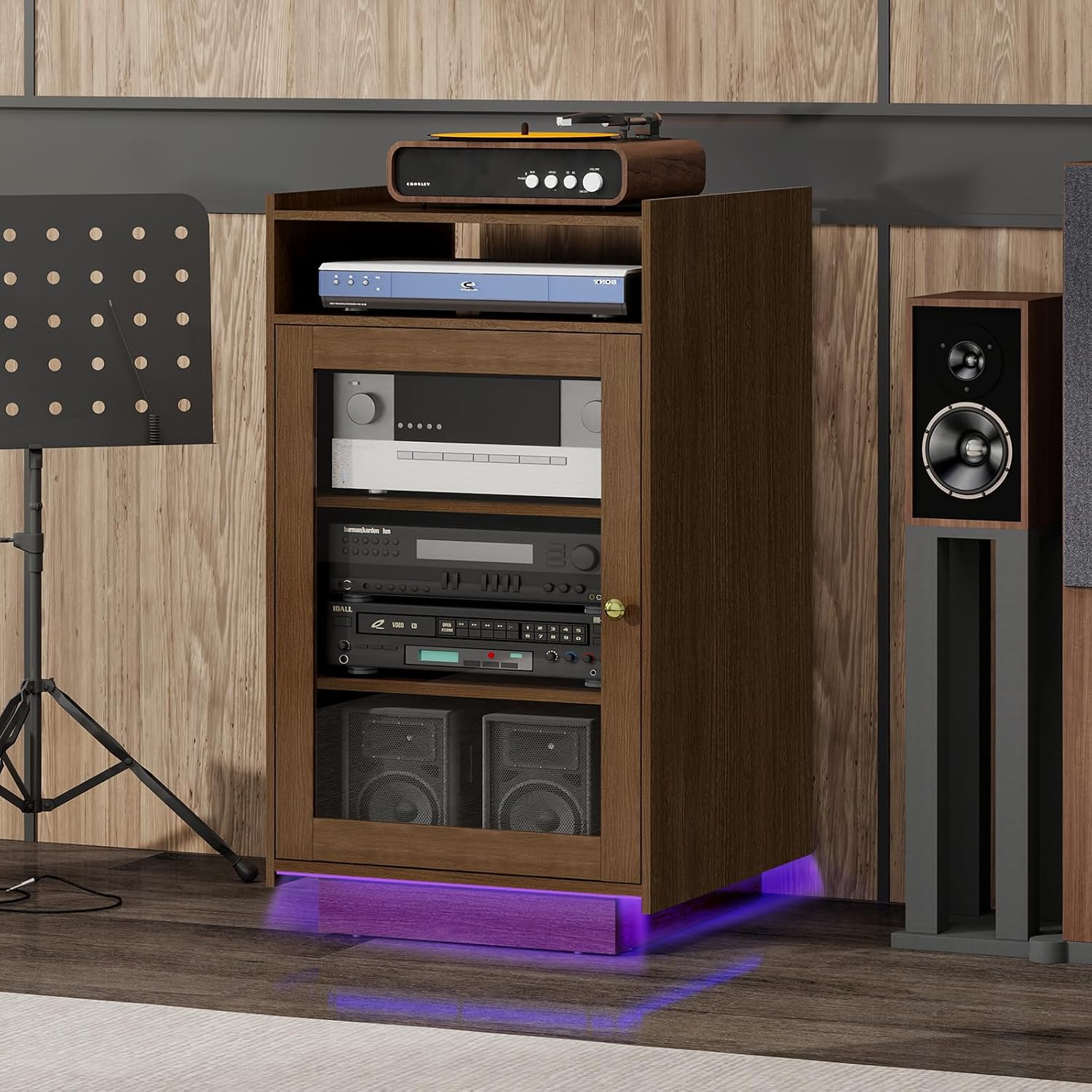 ELECWISH Media Cabinet with Tempered Glass Door, 5-Tier Stereo Cabinet with Adjustable Shelf, Media Stand with LED Light, AV Rack with Cable Management, Brown