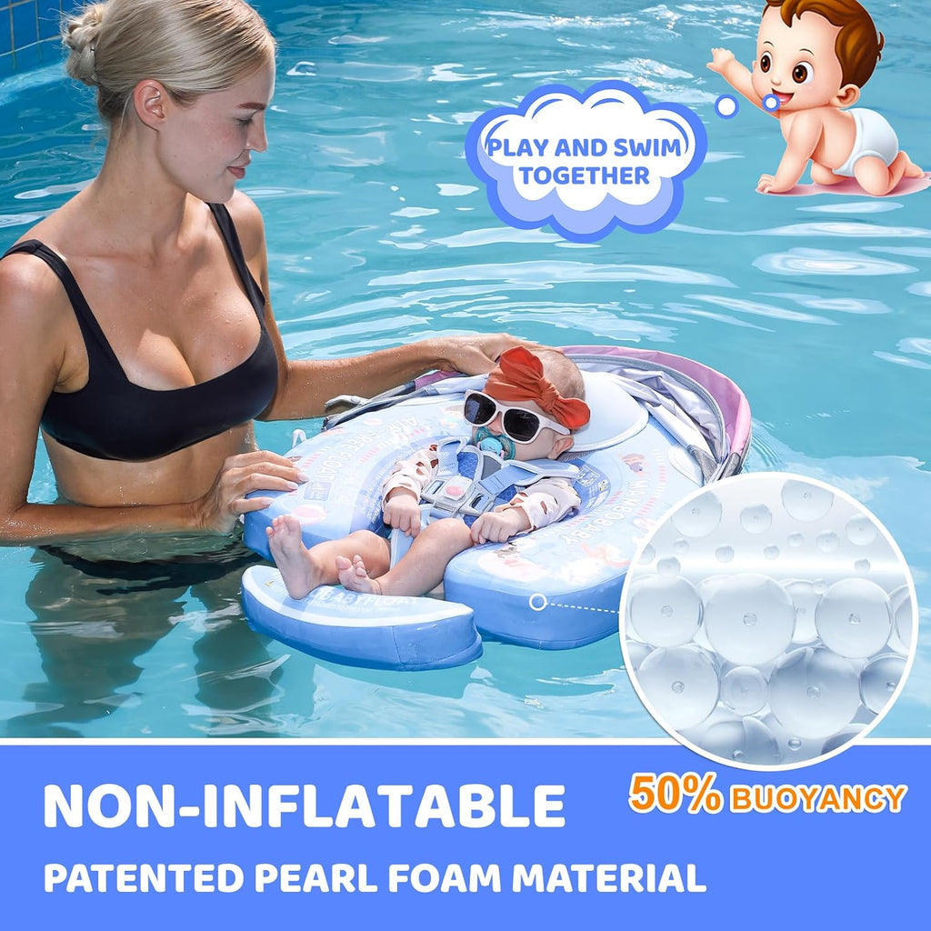 Mambobaby Baby Float with Canopy & Tail Non-Inflatable Baby Swim Float Upgrade Soft Infant Pool Float Sun Protection Newborn Pool Float 3-24 Months Skin-Friendly Material for Toddler Boys Girls