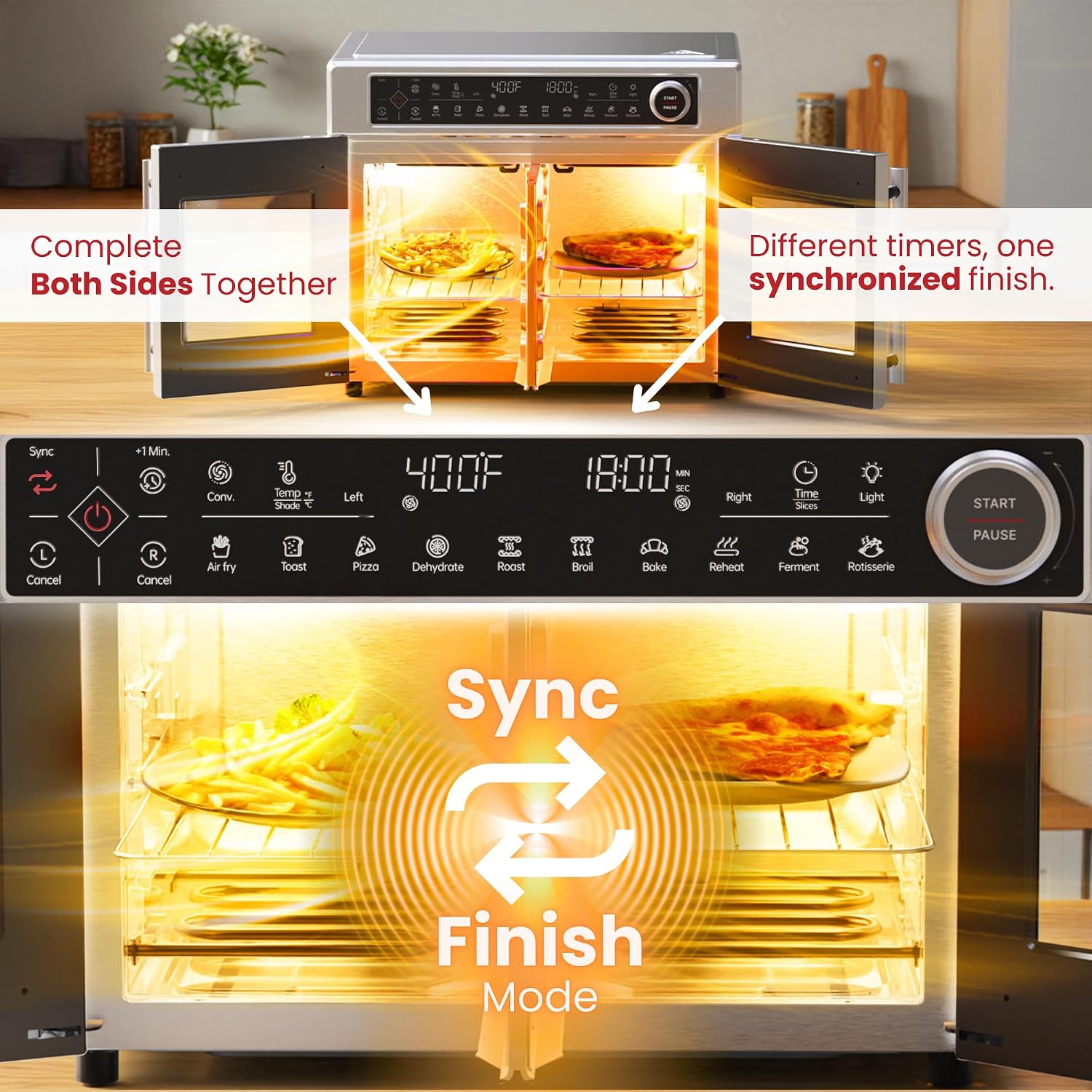 Magic Mill Ultra-Premium Dual-Zone Stainless Steel Air Fryer Toaster Oven Combo, Extra Large 32QT French Door Convection Oven with Next-Gen Patent Technology, 13 Accessories, Rotisserie, Sync Finish