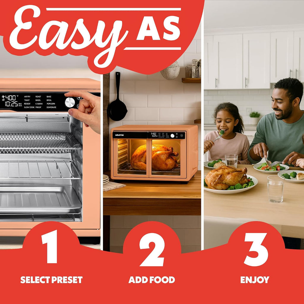 Gourmia French Door Air Fryer Oven - 37 Qt Large Capacity Convection Toaster Oven, FryForce 360°, Digital Display, 12 Cooking Presets, Dehydrate, Fits 13' Pizza, Dishwasher-Safe, Peach