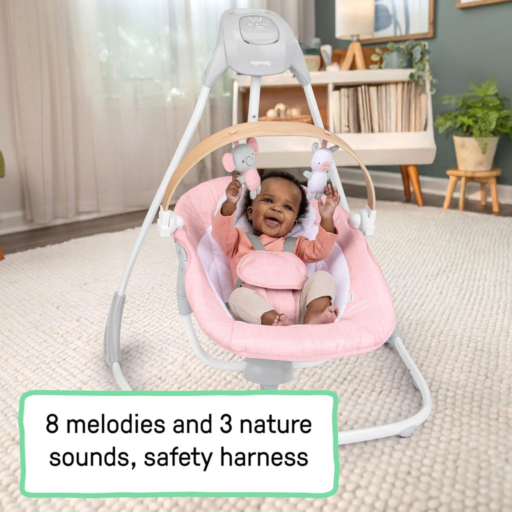 Ingenuity SimpleComfort Compact Baby Swing, Rotating Seat Swings in 3 Directions, 6 Speeds, 8 Melodies & 3 Nature Sounds, Ages 0-9 Months, Up to 20 Pounds - Pink