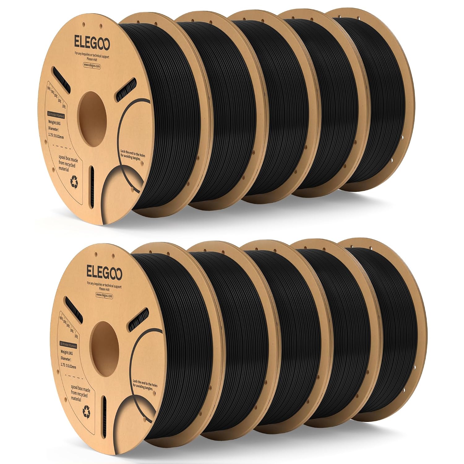 ELEGOO PLA Filament 1.75mm Black 10KG, 3D Printer Filament Bulk Dimensional Accuracy +/- 0.02mm, 10 Pack 1kg Cardboard Spool(2.2lbs) 3D Printing Filament Fits for Most FDM 3D Printers
