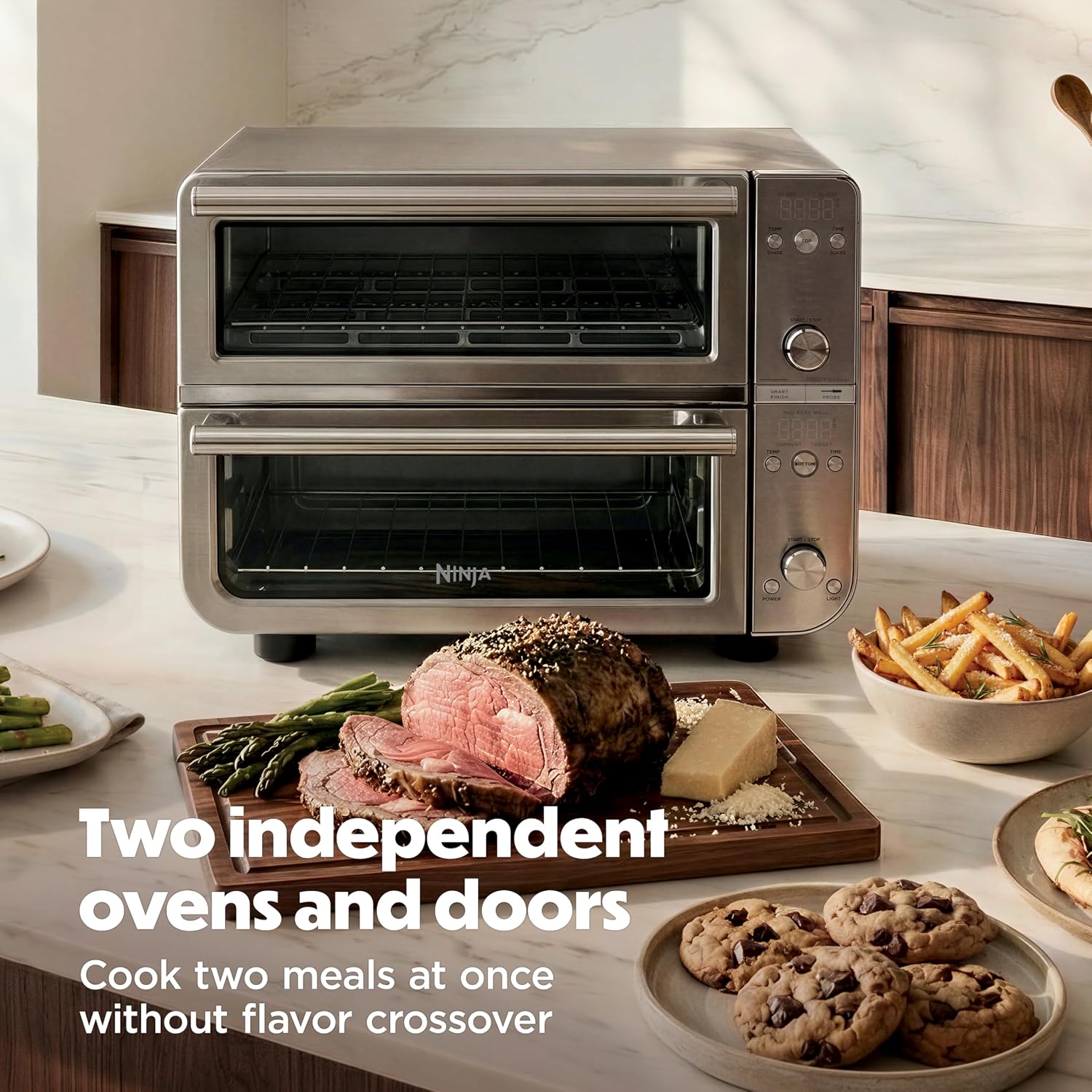 Ninja Double Oven Pro Smart XL Countertop Oven & Air Fryer with Thermometer | 30.2 Qt | 12-in-1 with Smart Finish & DualZone Tech to Cook 2 Meals at Once | Fits up to 4.5lb Chicken | Silver | DCT871