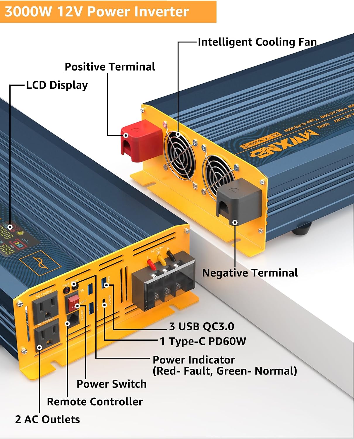 3000W Pure Sine Wave Power Inverter DC 12V to 110V 120V with Fast Charging Type-C& 3 USB Ports LCD Display Remote Controller Power Inverters for Vehicles,RV,Truck,Home,Off-Grid Solar System