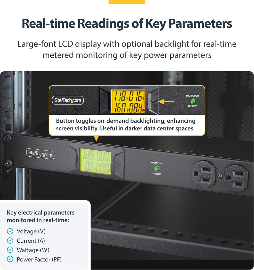 StarTech.com 16-Outlet Horizontal Rack Mount Metered PDU, 1U Server Power Strip w/Surge Protector, 8ft/2.4m Power Cable, TAA