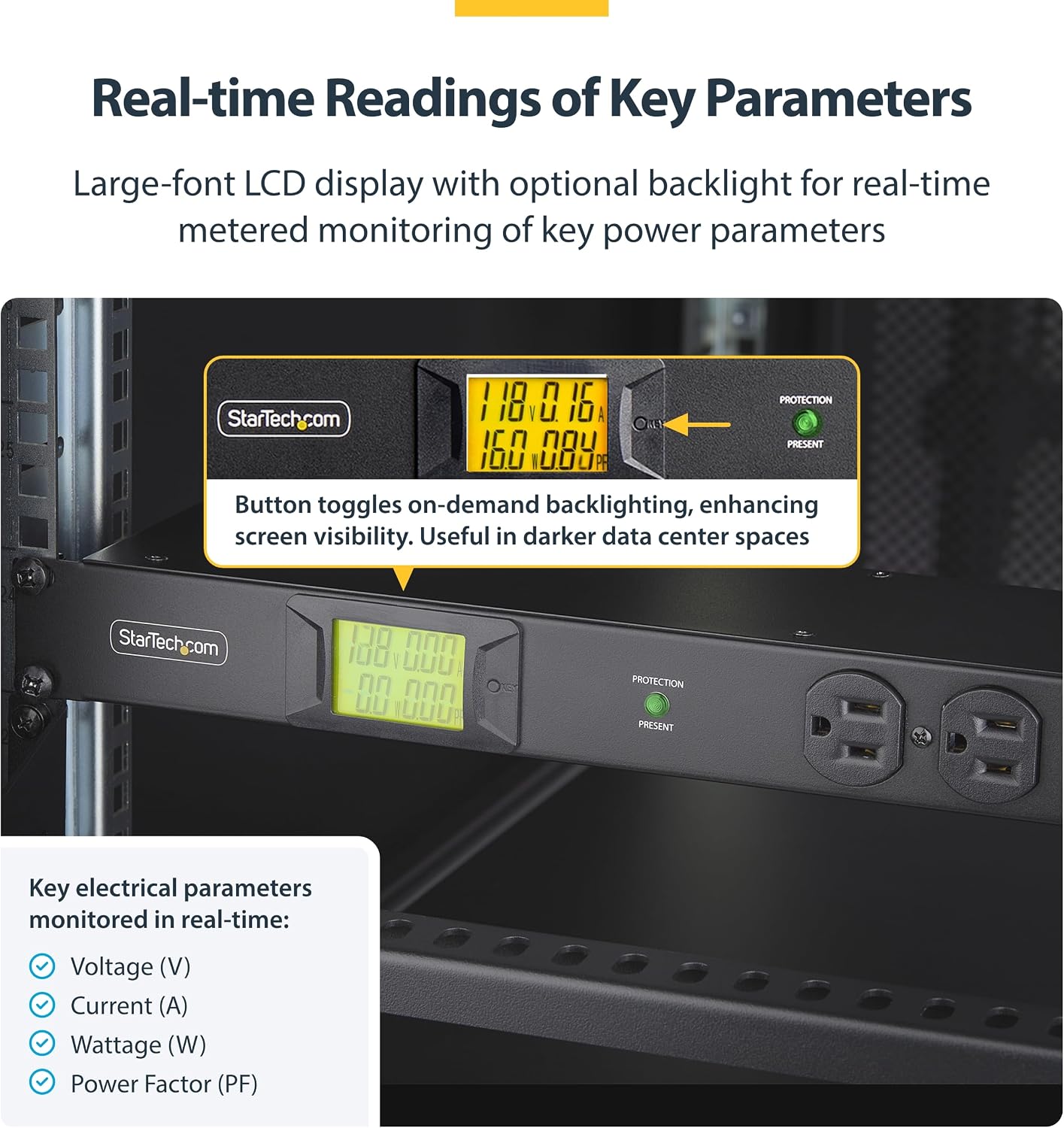 StarTech.com 16-Outlet Horizontal Rack Mount Metered PDU, 1U Server Power Strip w/Surge Protector, 8ft/2.4m Power Cable, TAA
