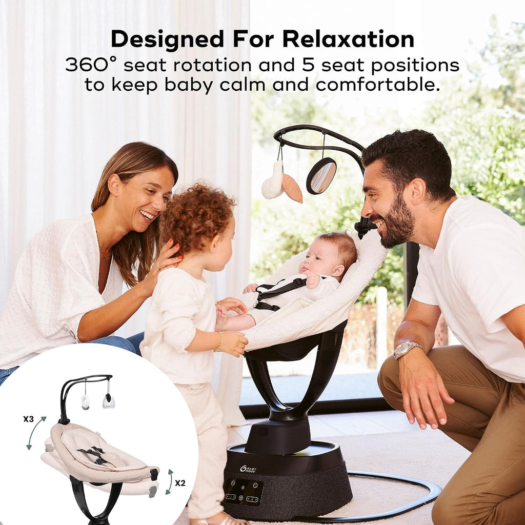 Babymoov Swoon Evolution Smart Baby Swing, Bluetooth-Connected, 8 Motions, 360° Reclining Seat, Music Streaming, Voice Recording, Mobile App Control, Infant Insert Included, Curly White
