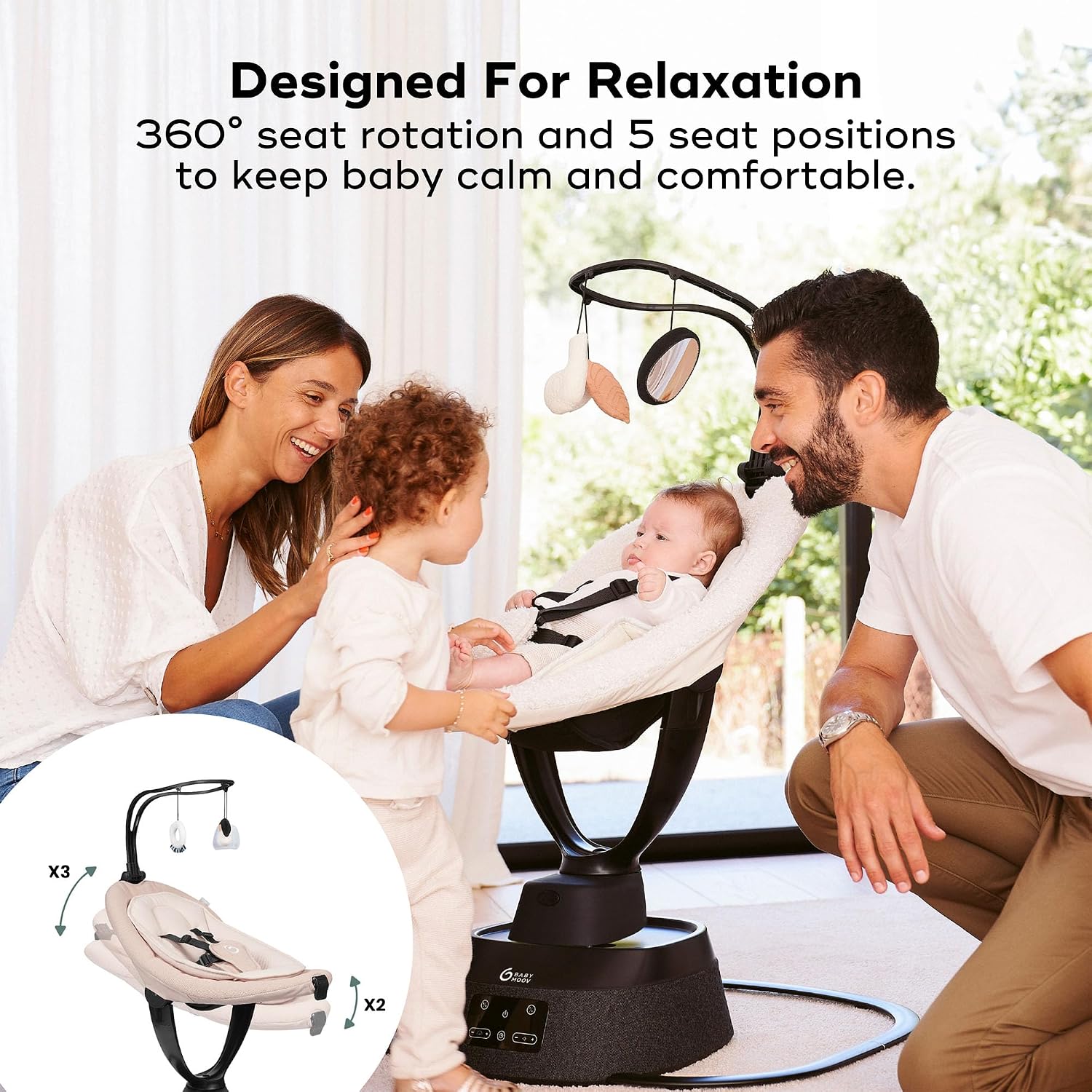 Babymoov Swoon Evolution Smart Baby Swing, Bluetooth-Connected, 8 Motions, 360° Reclining Seat, Music Streaming, Voice Recording, Mobile App Control, Infant Insert Included, Curly White