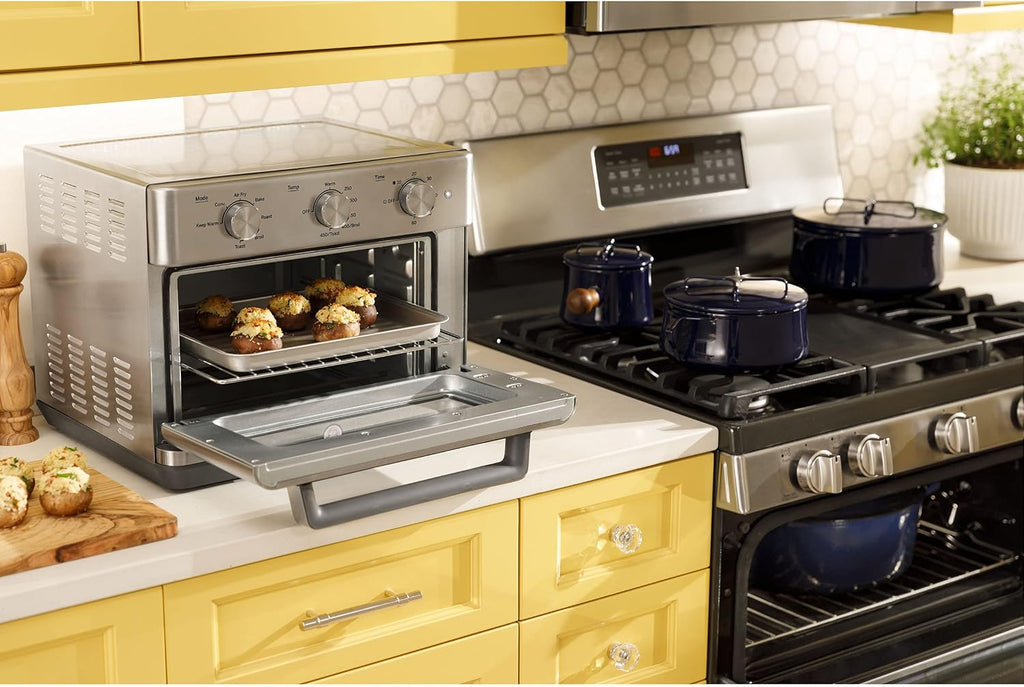 GE Mechanical Air Fryer Toaster Oven + Accessory Set | Convection Toaster with 7 Cook Modes | Large Capacity Oven - Fits 12' Pizza | Countertop Kitchen Essentials | Stainless Steel
