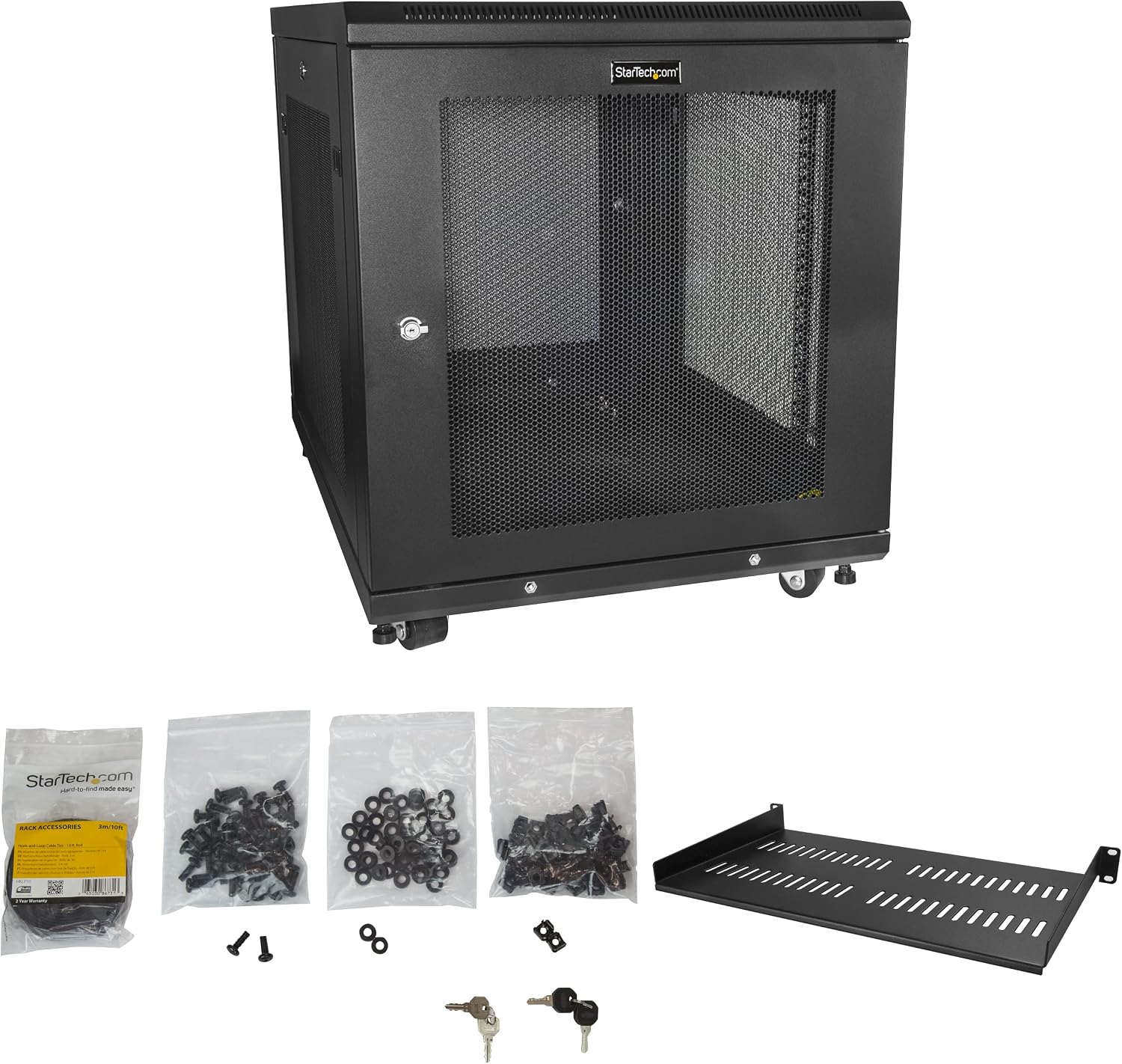 StarTech 12U Enterprise-Grade Server Rack Cabinet Kit, 19in Enclosed 4-Post Rack with Shelf and Cable Management, 29in (75cm) Mounting Depth, 992lb (450kg) Capacity, Black, Alloy Steel