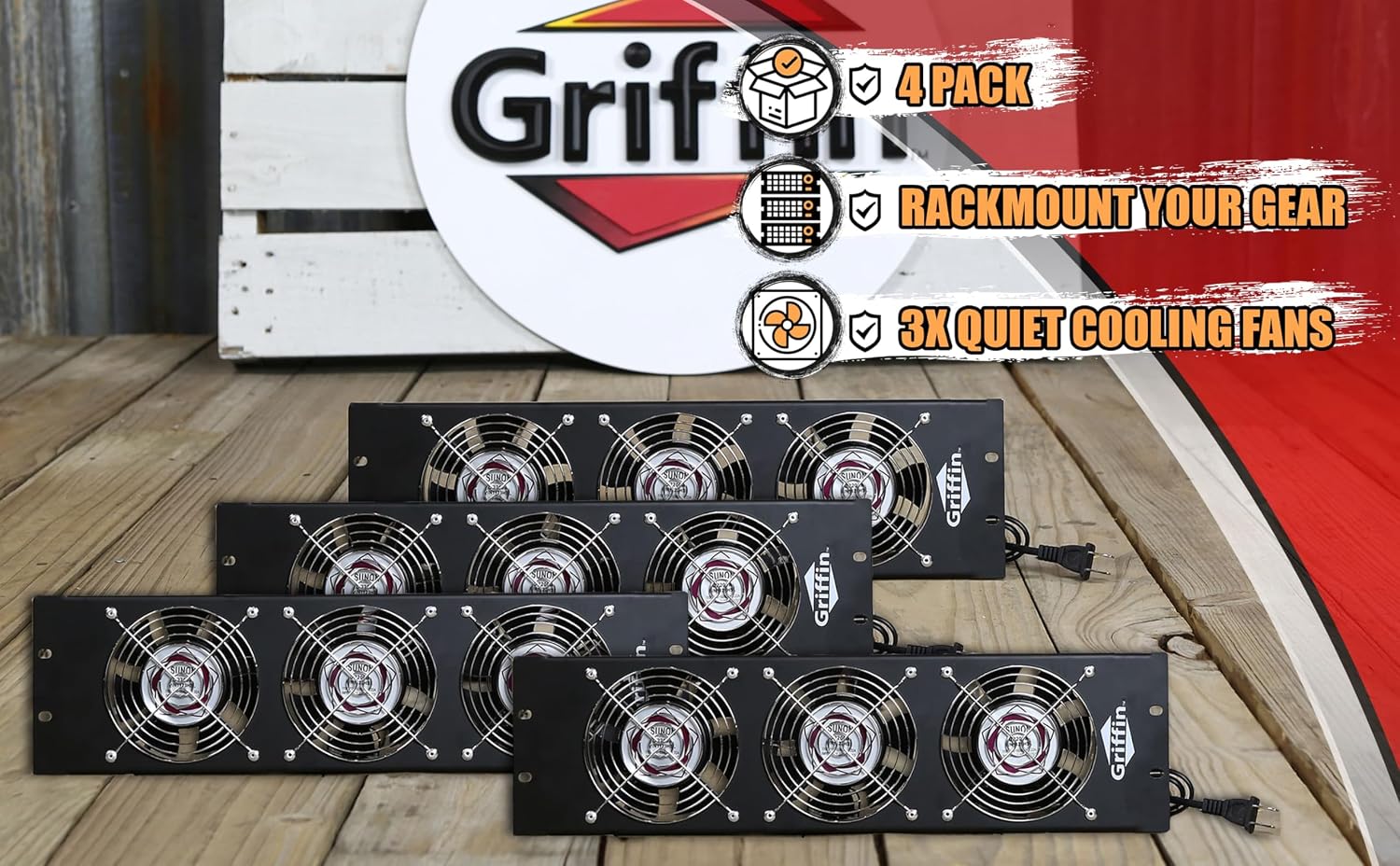 GRIFFIN Rackmount Exhaust Fan (UltraQuiet X Edition) 4-Pack– 3U Triple Cooling Fans, Keep Studio Audio Equipment Gear Cool – Rack Mount on Network IT System Server Rails – Temperature Control Panel