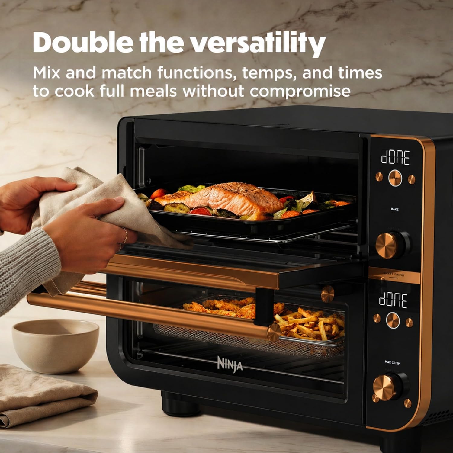 Ninja Double Oven Pro Smart XL Countertop Oven & Air Fryer | 30.2 Qt Capacity |12-in-1 Versatility with Smart Finish & DualZone Tech to Cook 2 Meals at Once | Fit up to 4.5lb Chicken | Onyx | DCT801BK