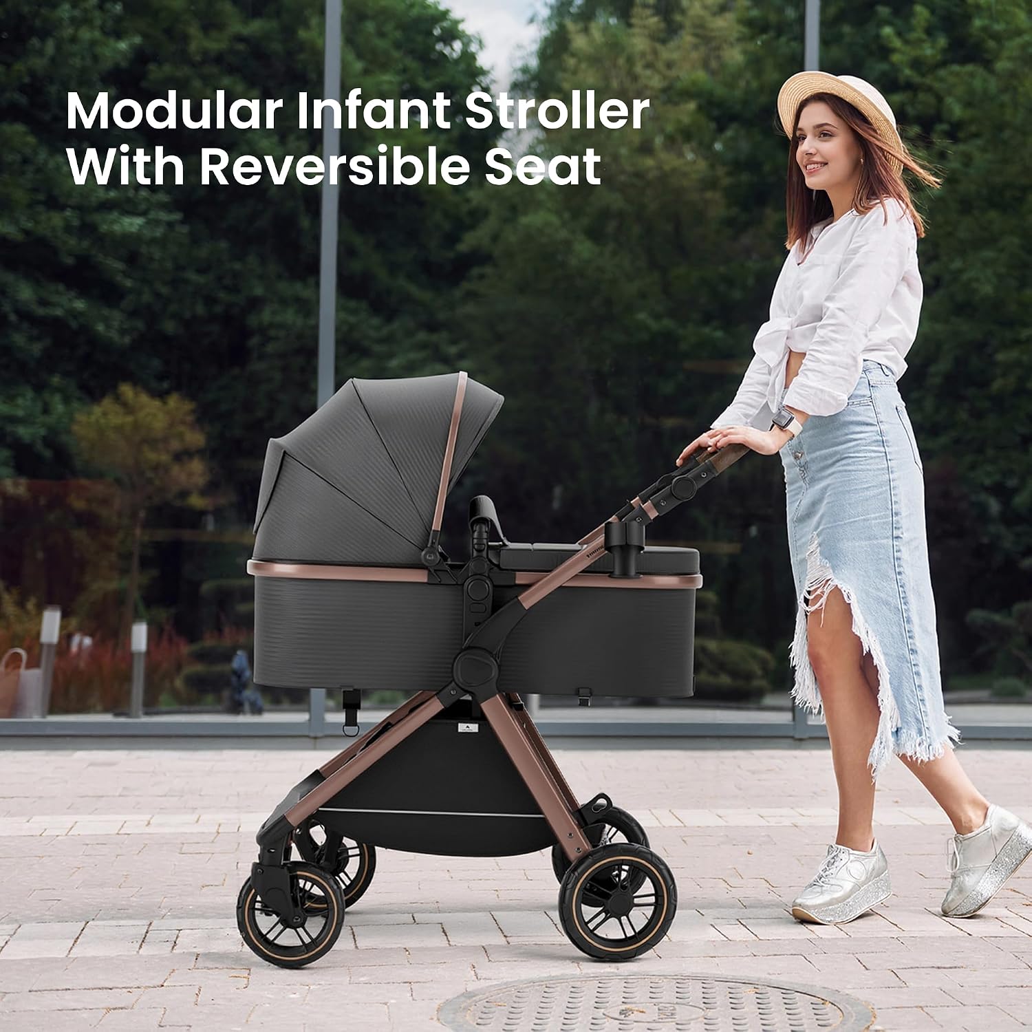Accombe Baby Stroller, 2 in 1 Newborn Stroller Convertible Bassinet for Infant Toddler Pram with Footmuff (Copper)