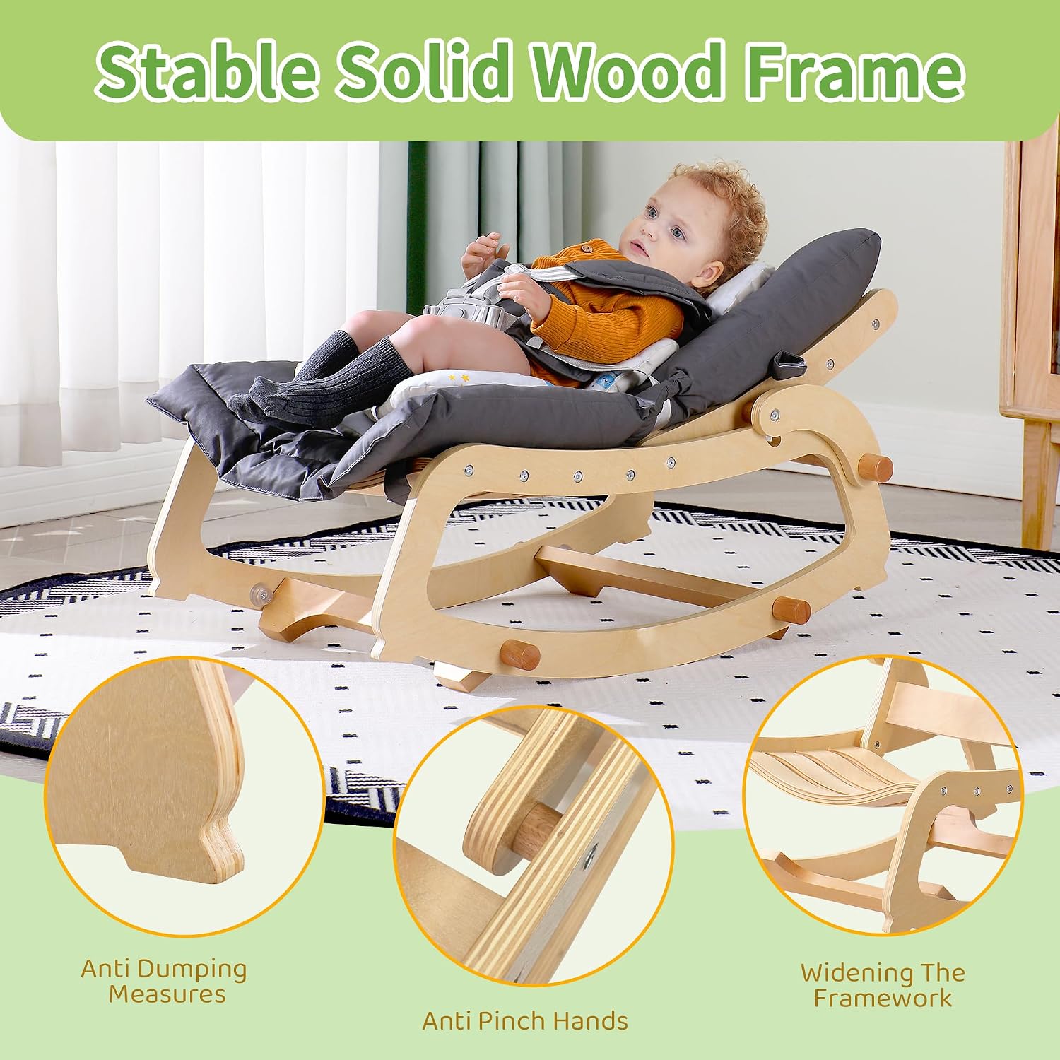 MallBest 3-in-1 Baby Rocker Chair with Double Cushions, for 0-12 Months, Adjustable Wooden Infant Rocker with Removable Cushion and 5-Point Harness for Infant to Toddler（Grey）