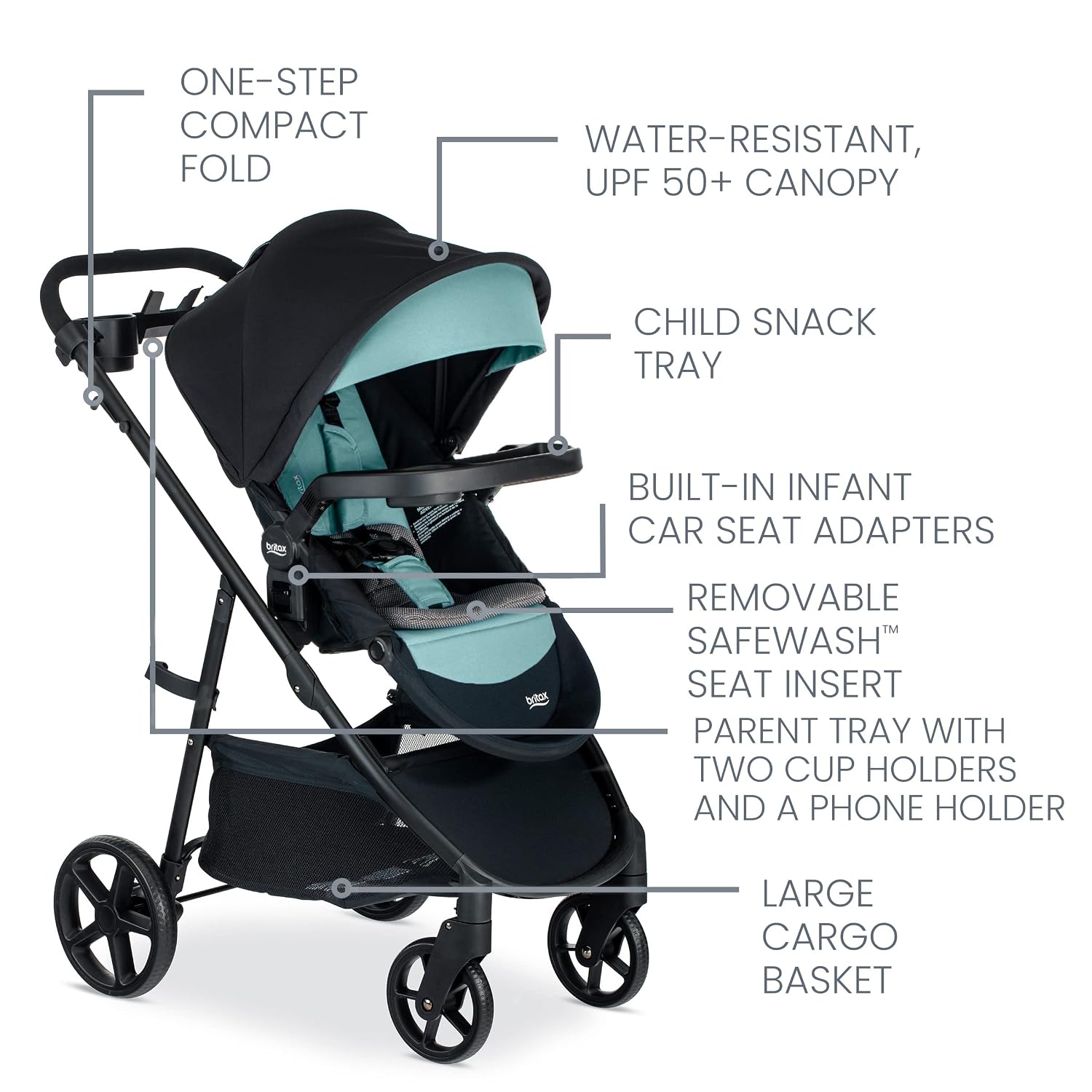 Britax Willow Brook S+ Travel System, Infant Car Seat Stroller Combo With Willow S Infant Car Seat, Alpine Base, and Brook+ Stroller; ClickTight Technology, SafeWash Insert and Cover — Jade Onyx