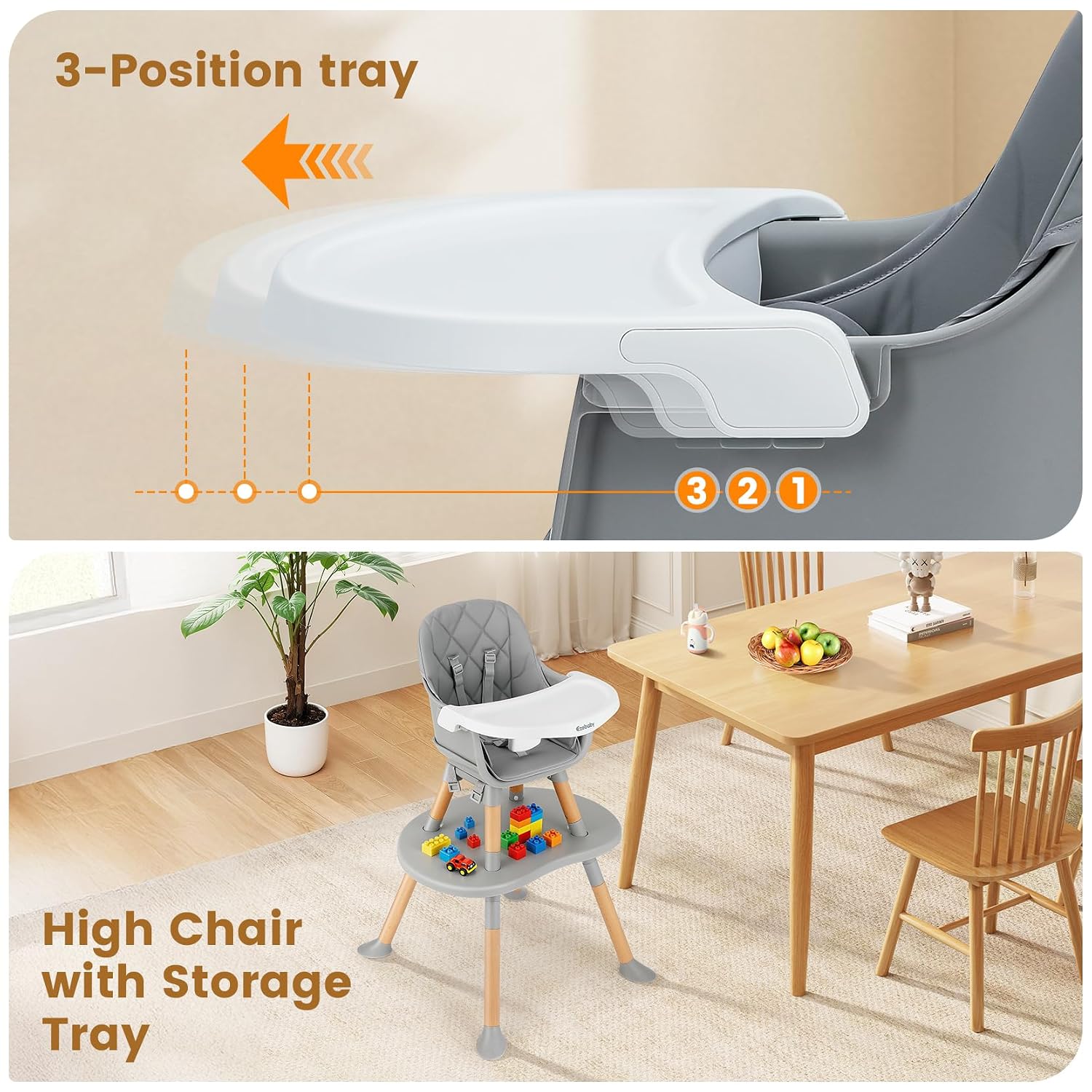 Ezebaby 8-in-1 Baby High Chair, Convertible High Chair for Babies and Toddlers/Booster Seat/Toddler Chair/Table & Chair Set/Kids Stool, Wood Highchair with Removable Tray, Seatbelt, PU Cushion (Gray)