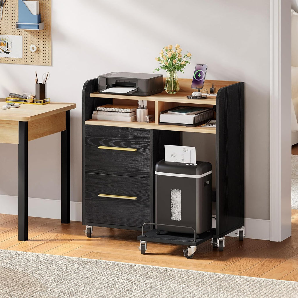 YITAHOME File Cabinet with Charging Station, Printer Table Cabinet for Home Office, Printer Stand Cart, Fits A4, Letter, Legal Size Files, Office Furniture, Black