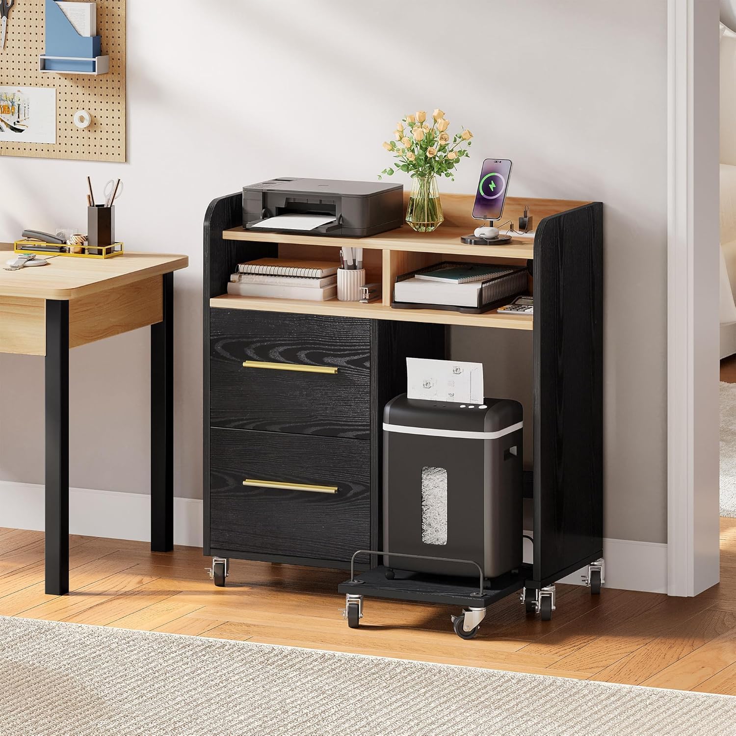 YITAHOME File Cabinet with Charging Station, Printer Table Cabinet for Home Office, Printer Stand Cart, Fits A4, Letter, Legal Size Files, Office Furniture, Black