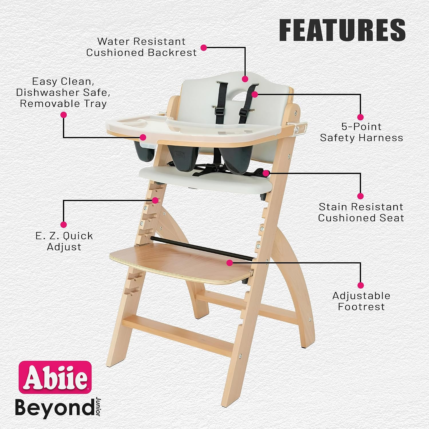 Abiie Beyond Junior Wooden High Chair for Babies and Toddlers - Convertible 3-in-1 Baby Highchair with Removable Tray - 6 Months to 250 Lb - Water Resistant - Natural Wood/Dove Grey Cushion