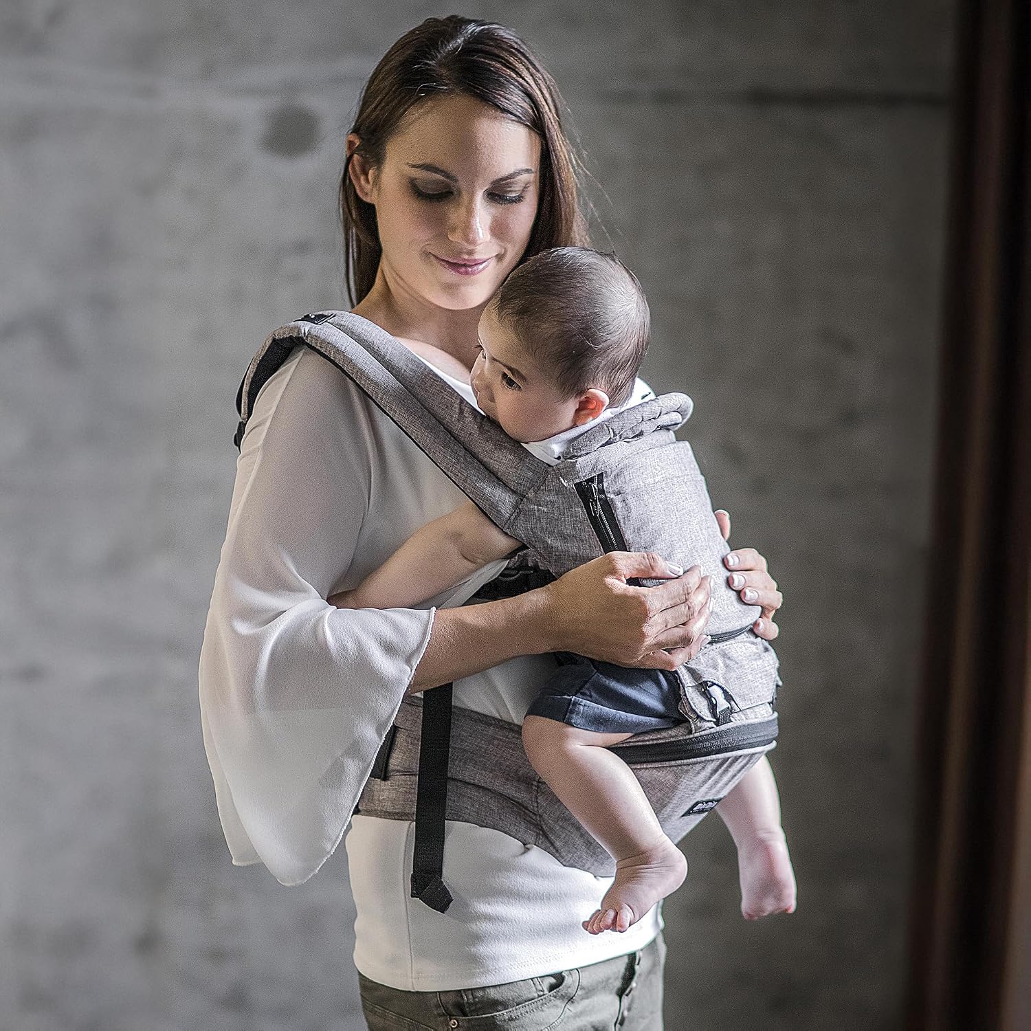 MiaMily Ergonomic Hip Seat Baby Carrier, 6 Carry Positions, Newborn to Toddler, Lumbar Support, Adjustable Waist Belt, Hipster Plus, Stone Grey