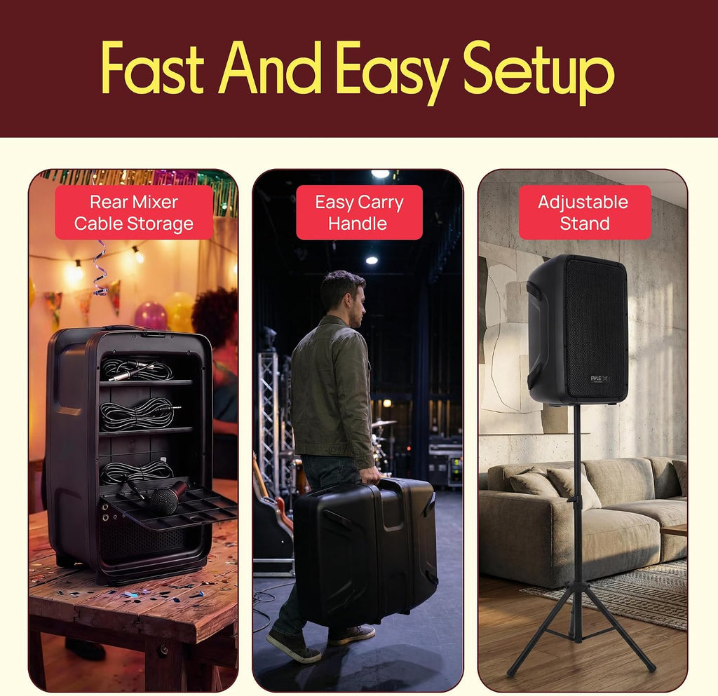 Pyle PA Speaker DJ Mixer Bundle - 300 W Portable Wireless Bluetooth Sound System w/ USB SD XLR 1/4' RCA Inputs - Dual Speaker, Mixer, Microphone, Stand, Cable - Home/Outdoor Party - PPHP28AMX,Black