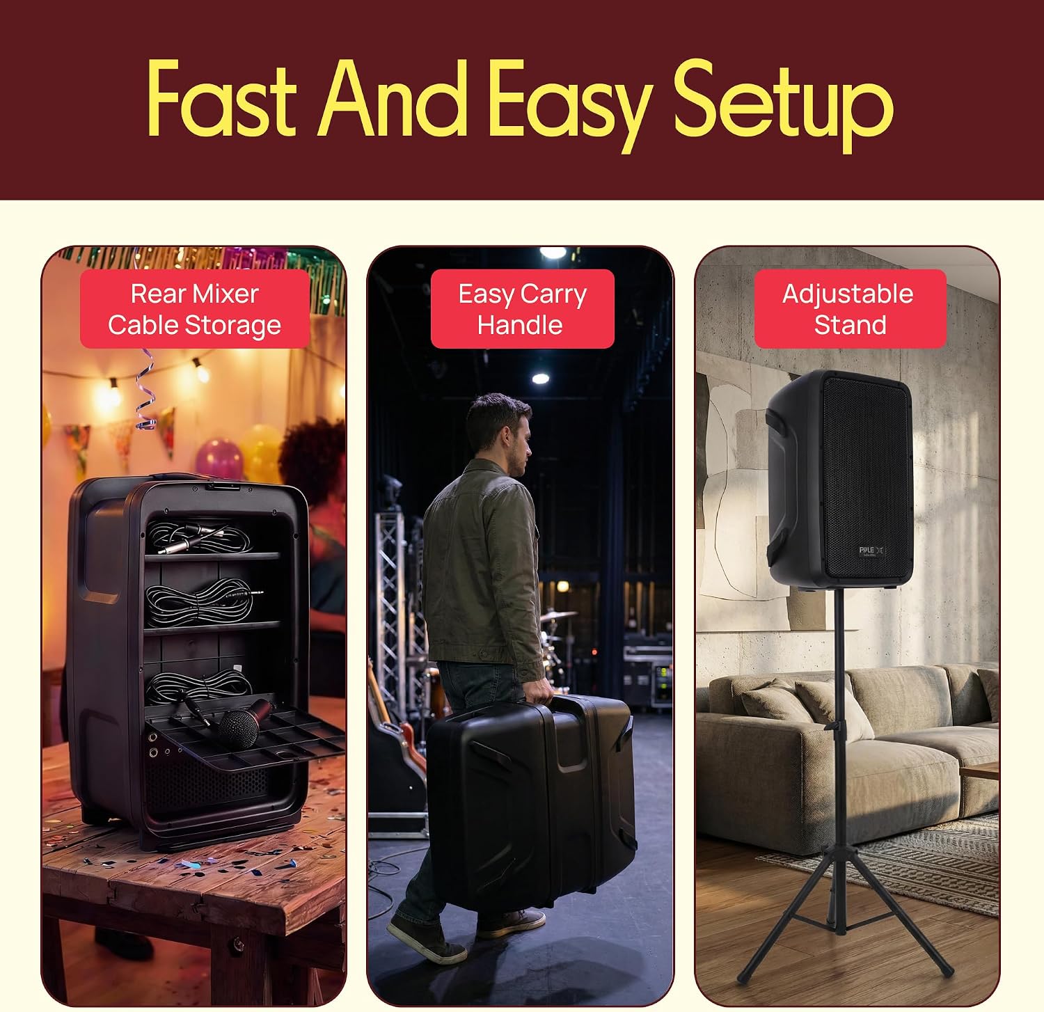 Pyle PA Speaker DJ Mixer Bundle - 300 W Portable Wireless Bluetooth Sound System w/ USB SD XLR 1/4' RCA Inputs - Dual Speaker, Mixer, Microphone, Stand, Cable - Home/Outdoor Party - PPHP28AMX,Black