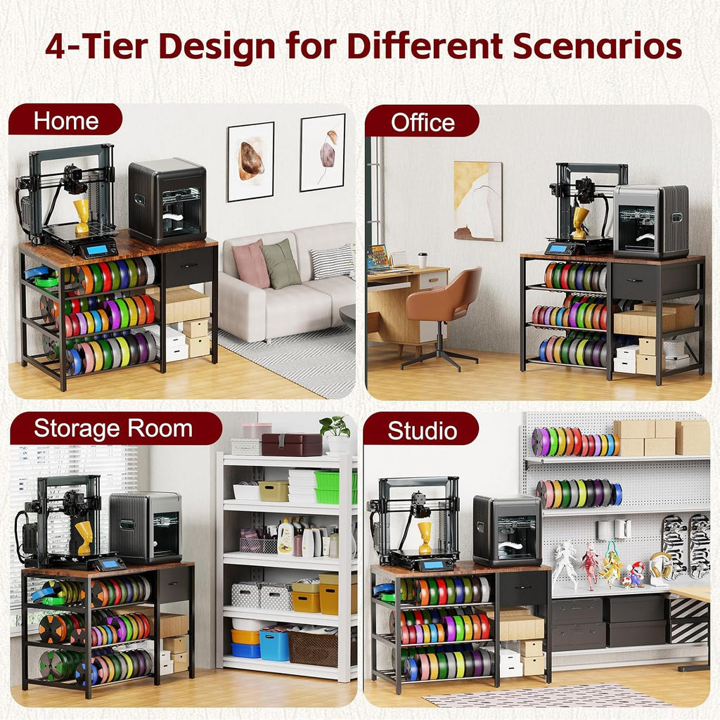 3D Printer Stand with Filament Storage Rack, 3D Printer Table with Power Outlet, 3-Tier Filament Holder with Drawer, 3D Printer Filament Stand Organized for Office Workshop Studio Office