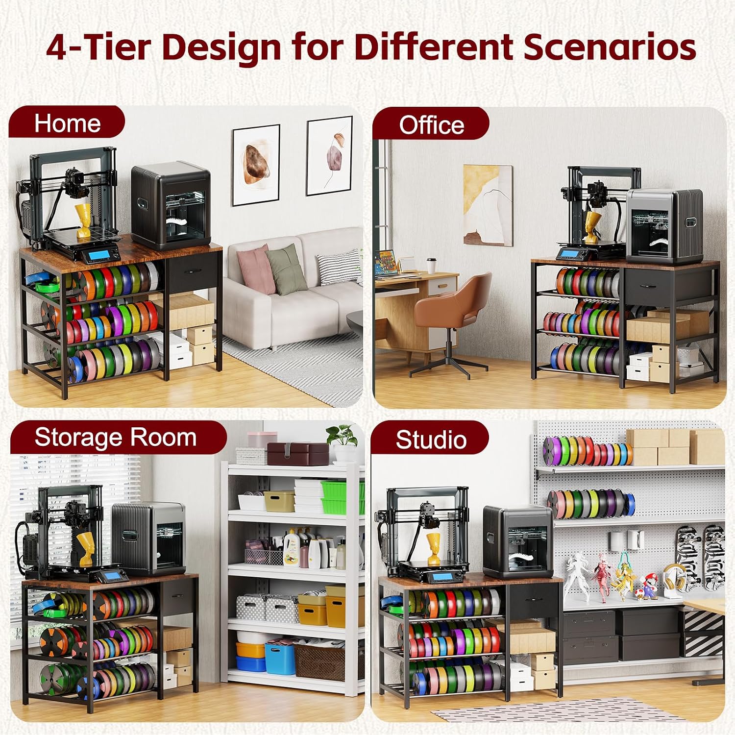 3D Printer Stand with Filament Storage Rack, 3D Printer Table with Power Outlet, 3-Tier Filament Holder with Drawer, 3D Printer Filament Stand Organized for Office Workshop Studio Office