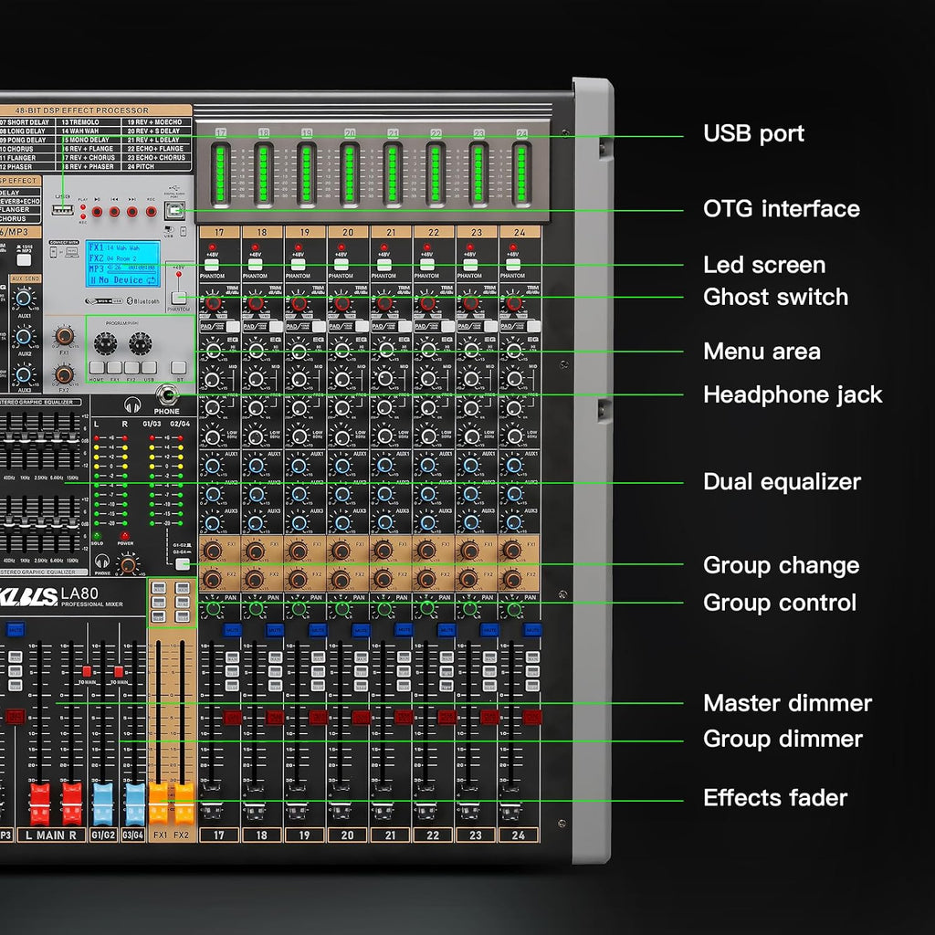 24 Channel Multi-Input Audio Mixer, High Capacity Mixing Console with USB Interface, 99 DSP Effects, 48V Phantom Power, XLR Inputs for Complex Audio Setup