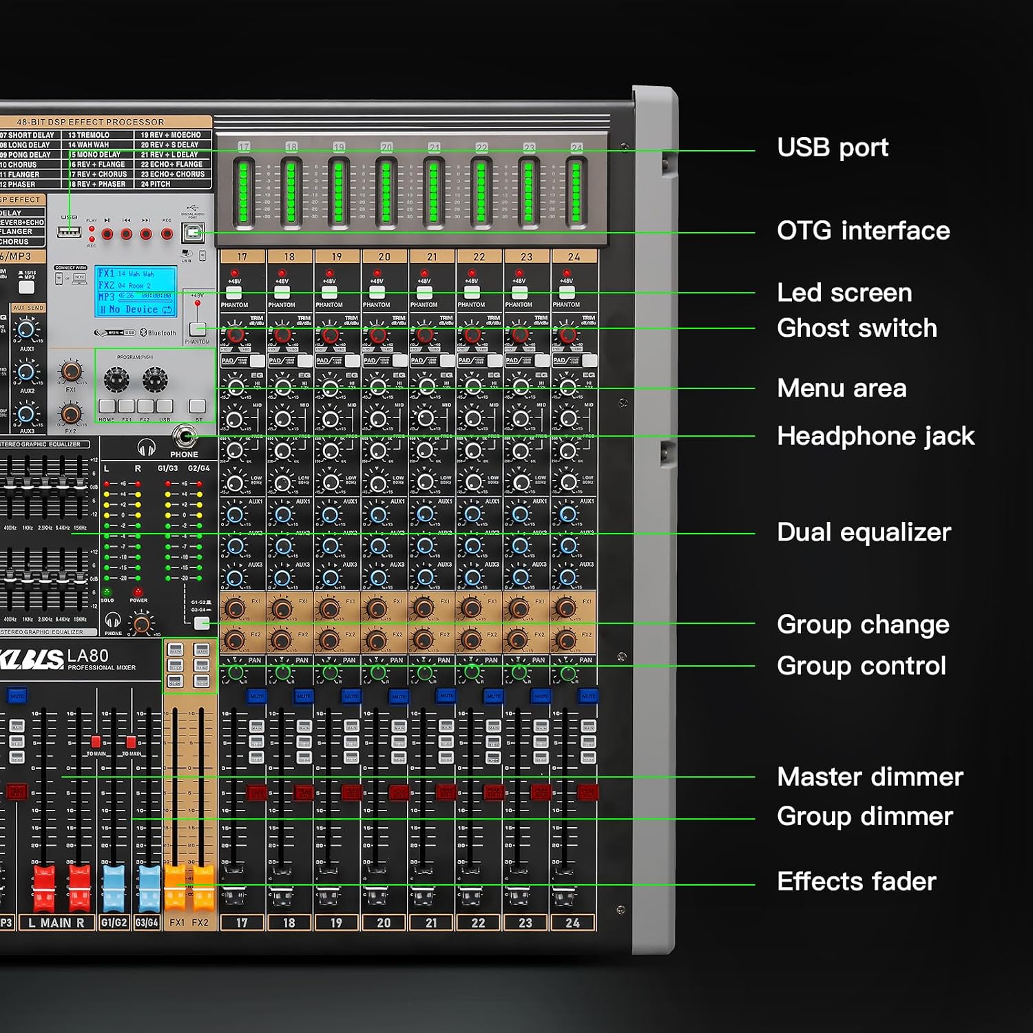 24 Channel Multi-Input Audio Mixer, High Capacity Mixing Console with USB Interface, 99 DSP Effects, 48V Phantom Power, XLR Inputs for Complex Audio Setup