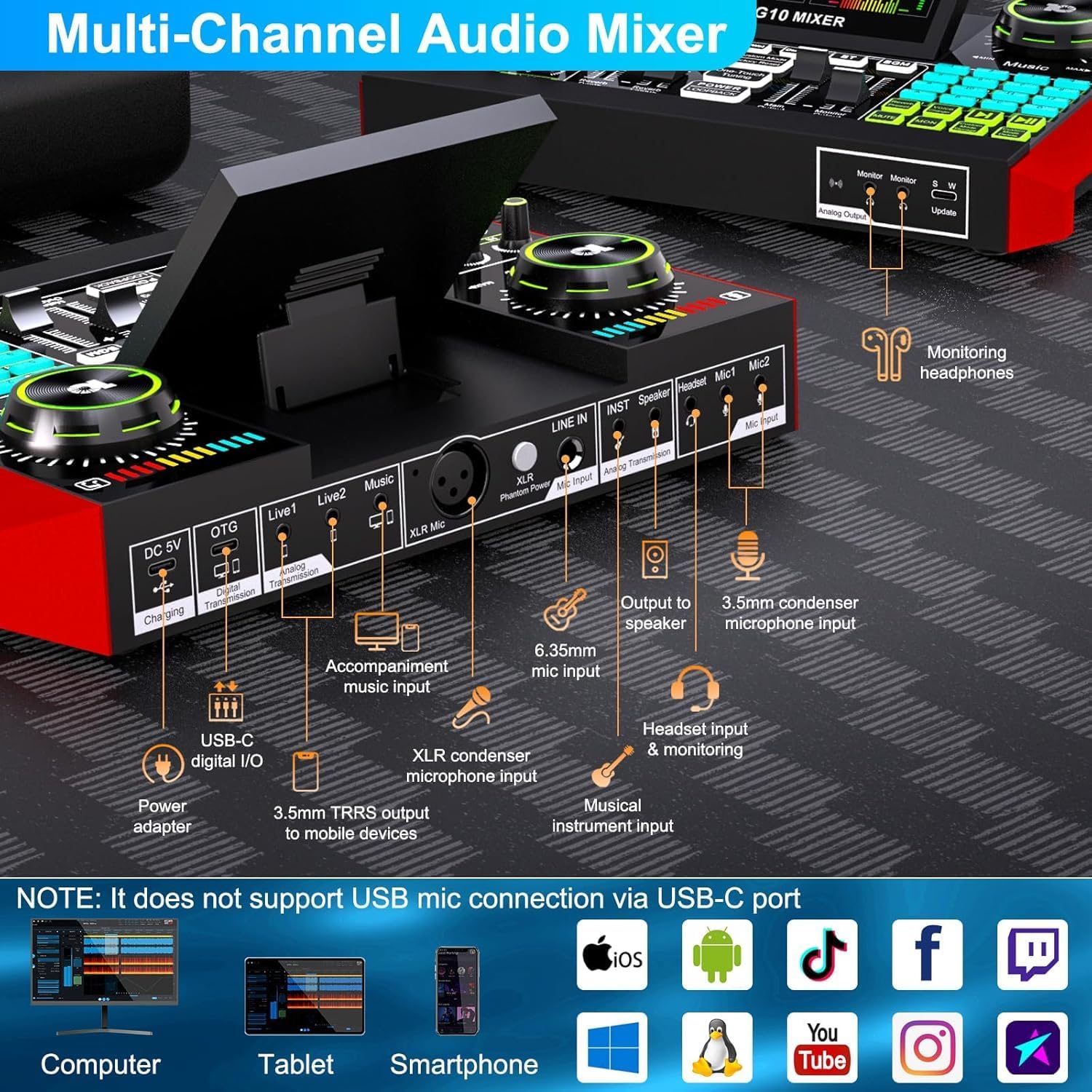 Podcast Microphone Bundle for Live Streaming, Sound Card Audio Interface Mixer w 3.5mm Condenser Mic for Broad Casting with Voice Changer Denoise, Podcast Equipment Bundle for PC/Phone Gaming Singing