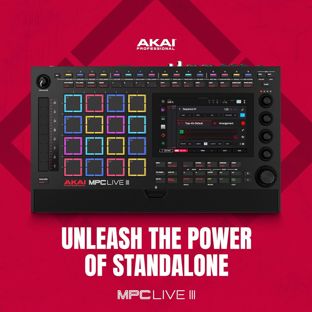 Akai Professional MPC Live III Standalone Portable Music Production Center with MPCe Pads, Sequencer, Touchscreen, Mic, Stereo Monitors, Audio Interface, Wi-Fi, Bluetooth, Battery, Touchstrip