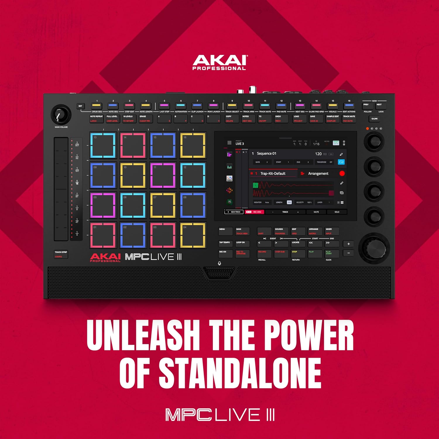 Akai Professional MPC Live III Standalone Portable Music Production Center with MPCe Pads, Sequencer, Touchscreen, Mic, Stereo Monitors, Audio Interface, Wi-Fi, Bluetooth, Battery, Touchstrip