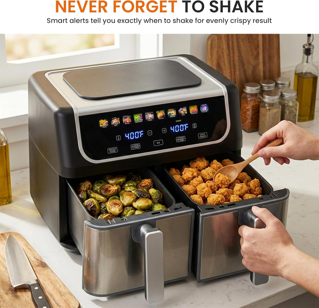 HealSmart 9.5Qt Dual Zone Air Fryer, 1700W 10-in-1 Multifunctional Air Fryer Oven, Independent Temp Control, Sync Cooking & Shake Reminder, Non-Stick Basket Ideal for Family Use, Black