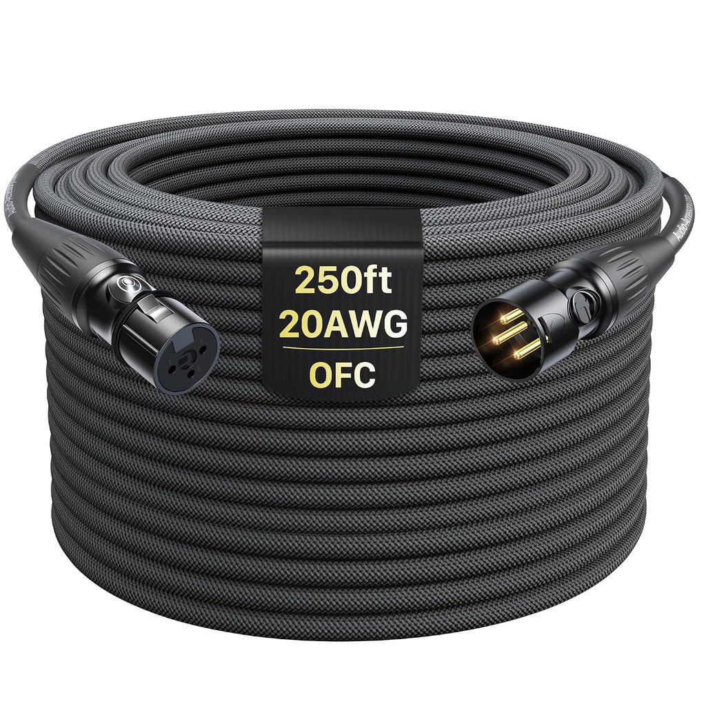 XLR Cables 250ft 1 Pack, Professional Gold-Plated Rean Connectors from Neutrik, Kevlar-Reinforced Nylon Braided Microphone Cable, Mic Cable, Durable Shielded and Balanced XLR Male to Female Cord
