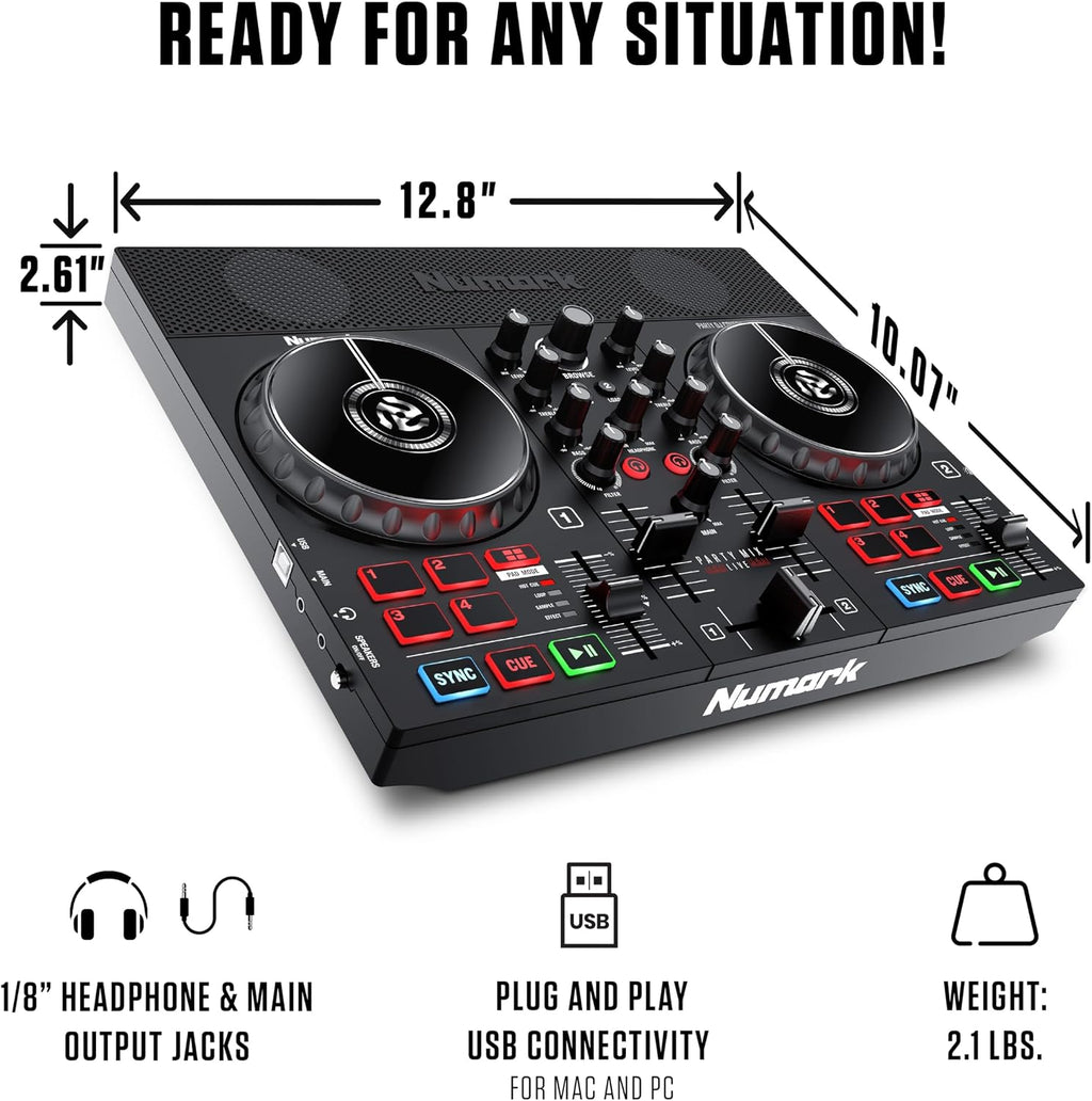 Numark Party Mix Live DJ Controller with Speakers, Lights, 2 Decks, Mixer, Audio Interface and Serato Lite