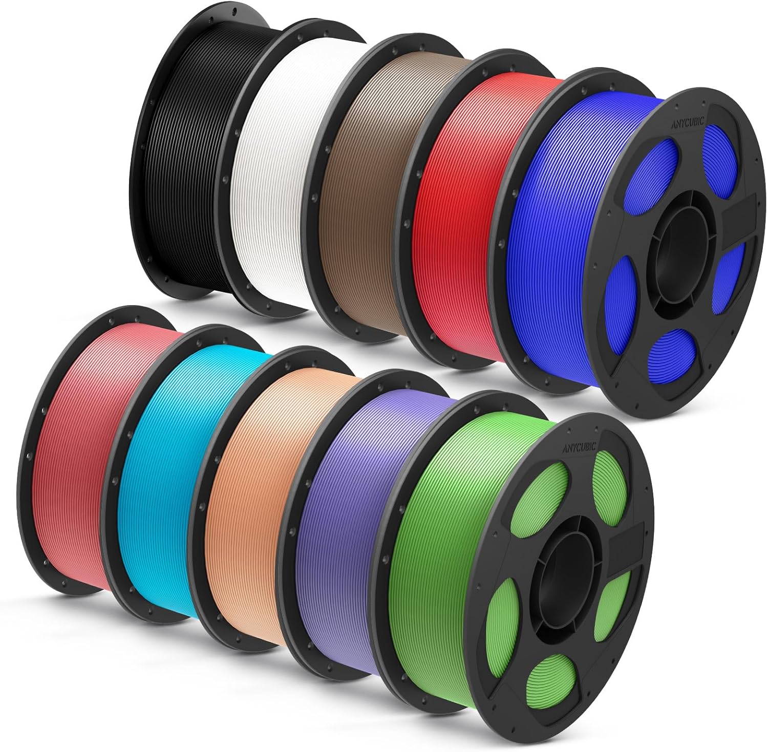 ANYCUBIC PLA Plus (PLA+), 3D Printer Filament 1.75mm Bundle, 1KG Reusable Spool, Black, White, Brown, Red, Blue, Pink, Tropical Turquoise, Peach Pink, Interstellar Violet, Spring Leaf, 10KG in Total