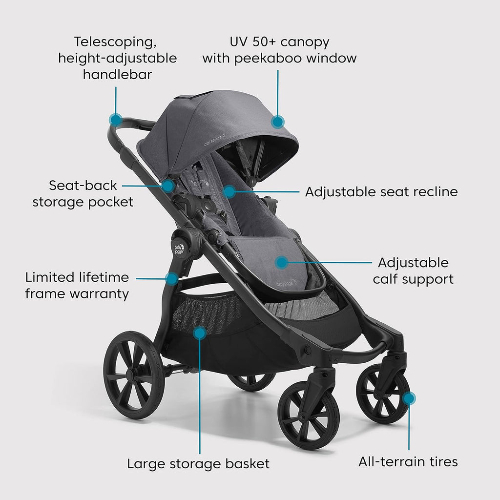 Baby Jogger® City Select 2 Single-to-Double Modular Travel System, Car Seat and Stroller Combo with City GO 2 Infant Car Seat, Lightweight Baby Stroller, Radiant Slate
