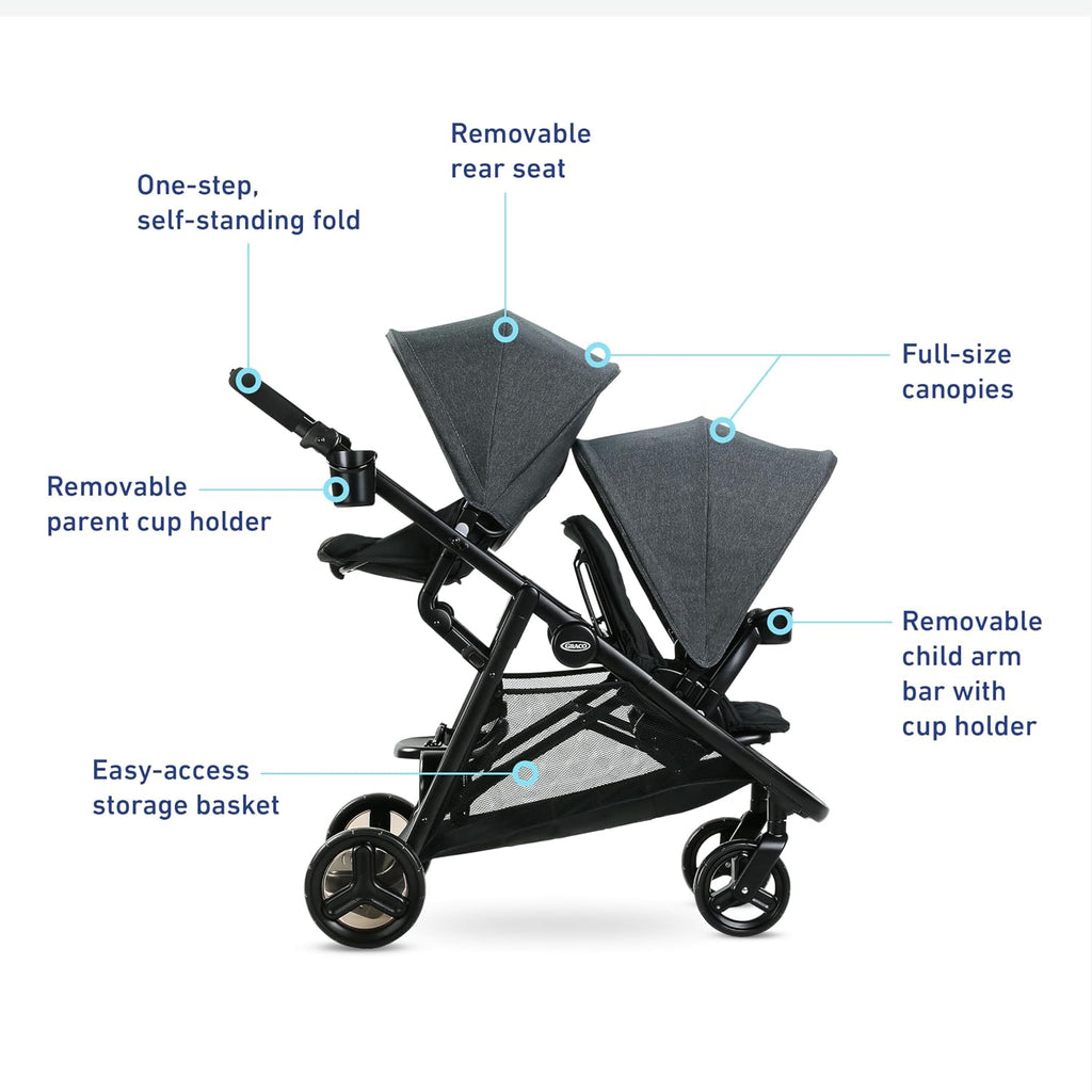 Graco Ready2Grow 2.0 Double Stroller, Twin Baby Stroller Features Bench Seat and Standing Platform Options, Compact Fold Perfect for Baby Travel, Rafa