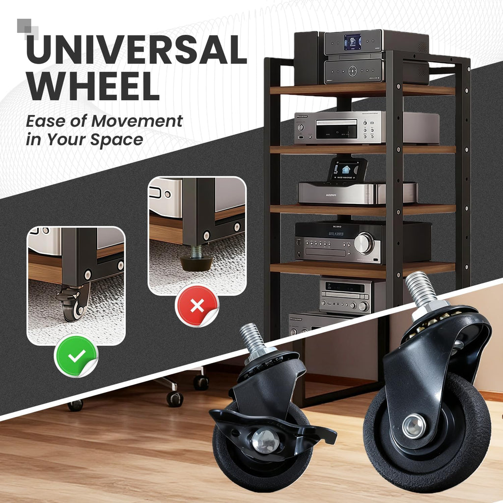 6-Tier AV Media Stand, Audio-Video Shelving with Wheels, Adjustable Media Console Cabinet, Modern Stereo Rack, Metal Media Shelf for Record Player, DVD, TV Box