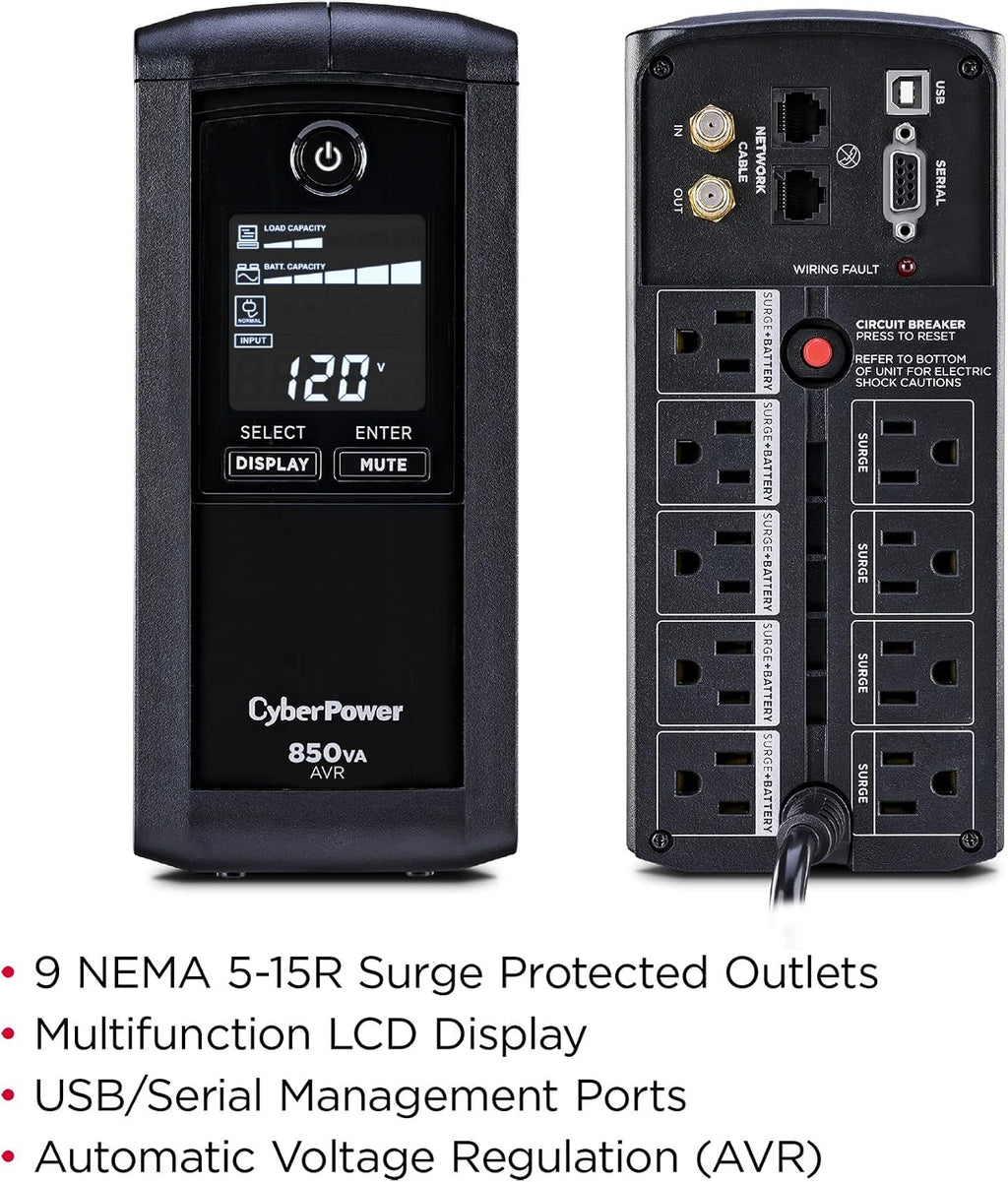 CyberPower CP850AVRLCD Intelligent LCD UPS Battery Backup and Surge Protector, 850VA/510W, 9 Outlets, AVR, Mini-Tower, UL Certified