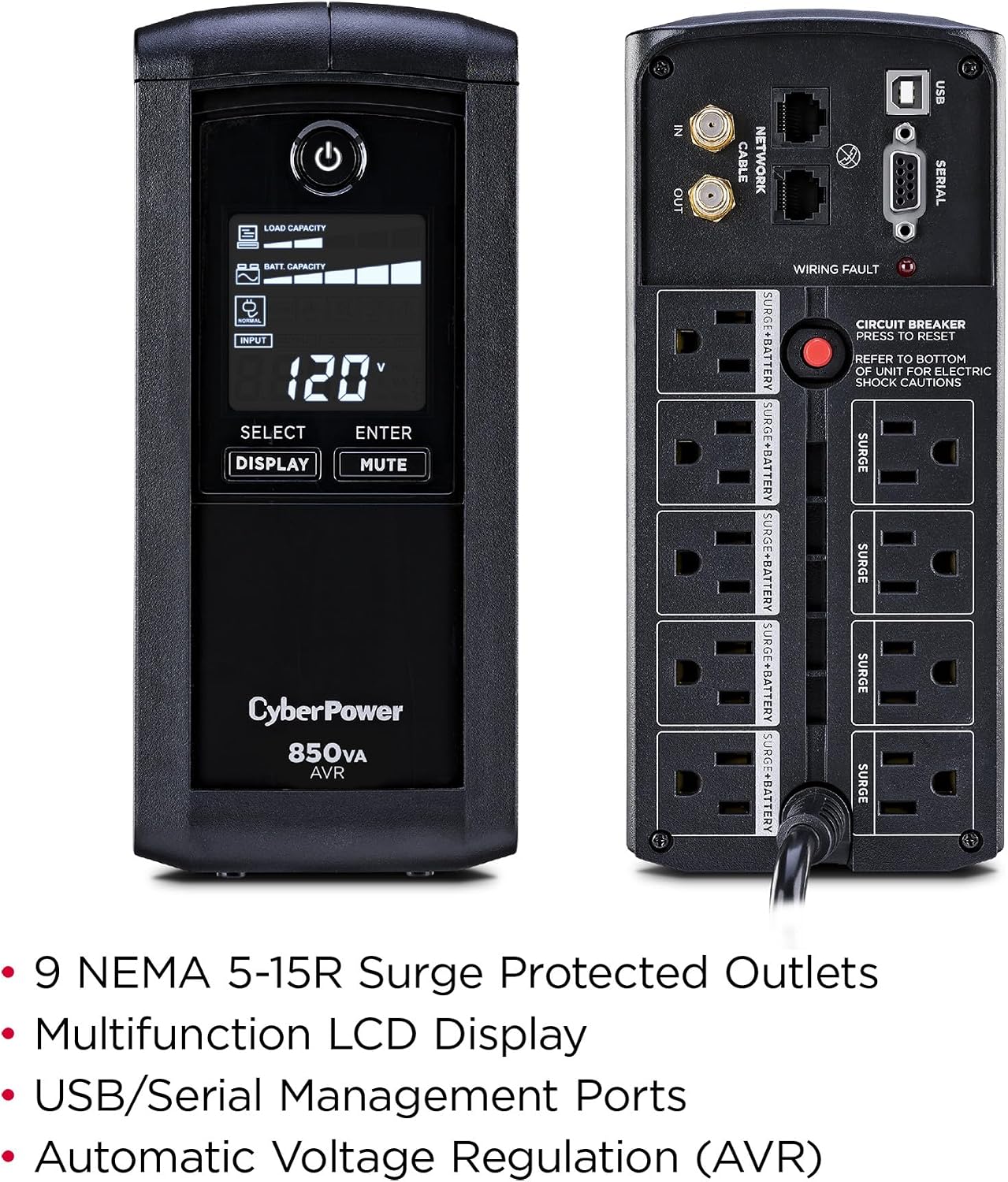 CyberPower CP850AVRLCD Intelligent LCD UPS Battery Backup and Surge Protector, 850VA/510W, 9 Outlets, AVR, Mini-Tower, UL Certified