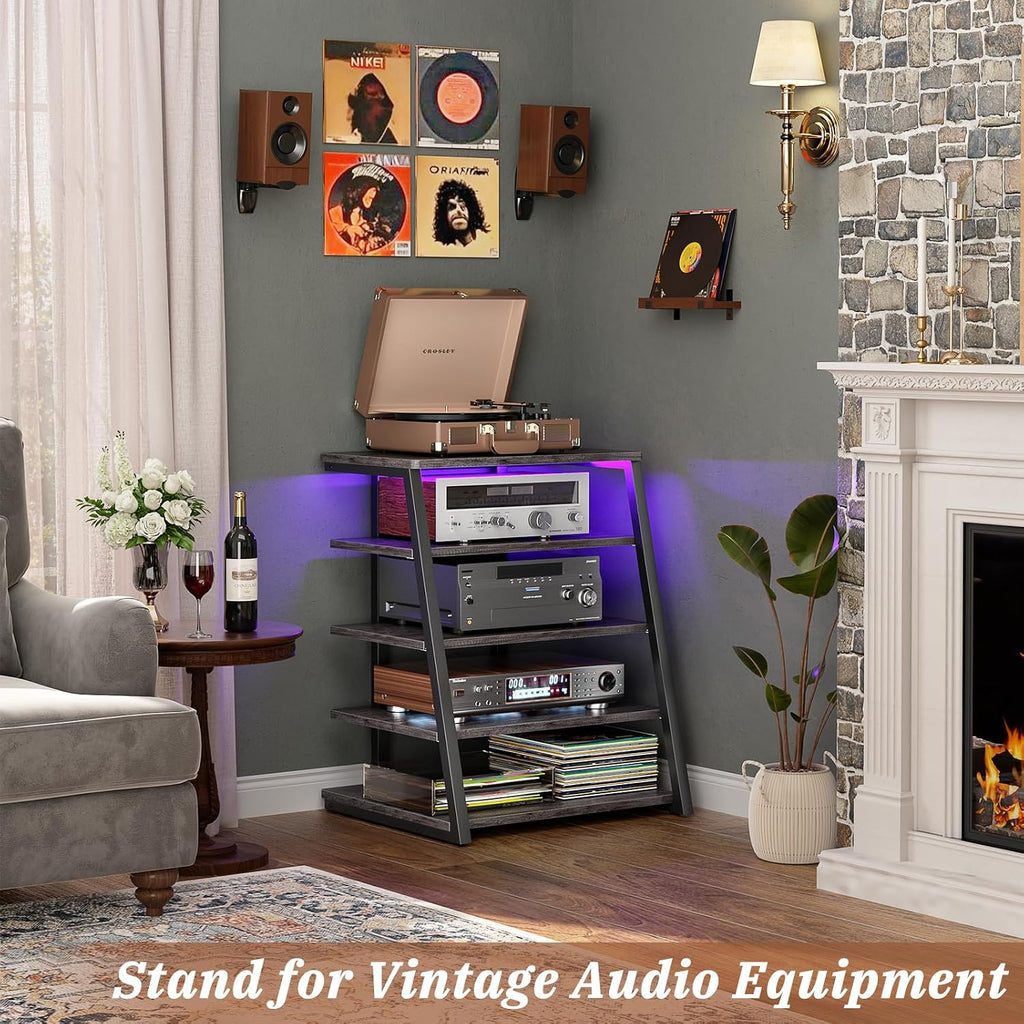 Armocity 5-Tier AV Media Stand with Power Strips, Media Console with LED Lights, Audio Tower Rack with Adjustable Shelves, Stereo Stands and Racks, 40.8'', Grey Oak