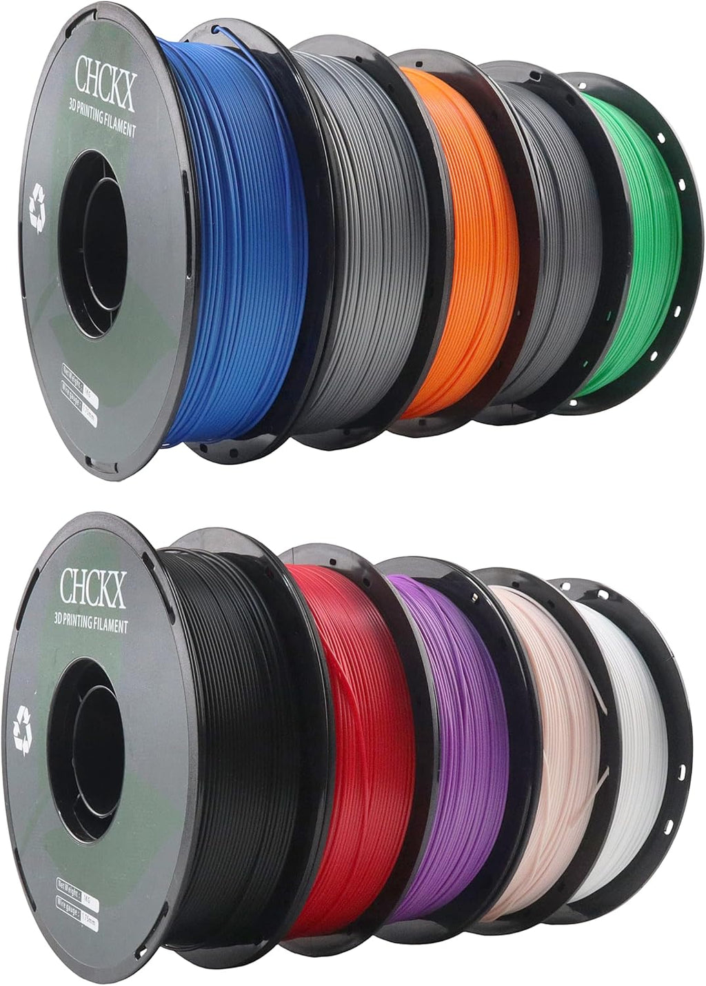 10 Pack PLA 3D Printer Filament Bundle, 1.75 mm, 1kg Spool (2.2lbs), Dimensional Accuracy +/- 0.02 mm, Black White Grey Red Green Purple Skin Blue Orange Silver