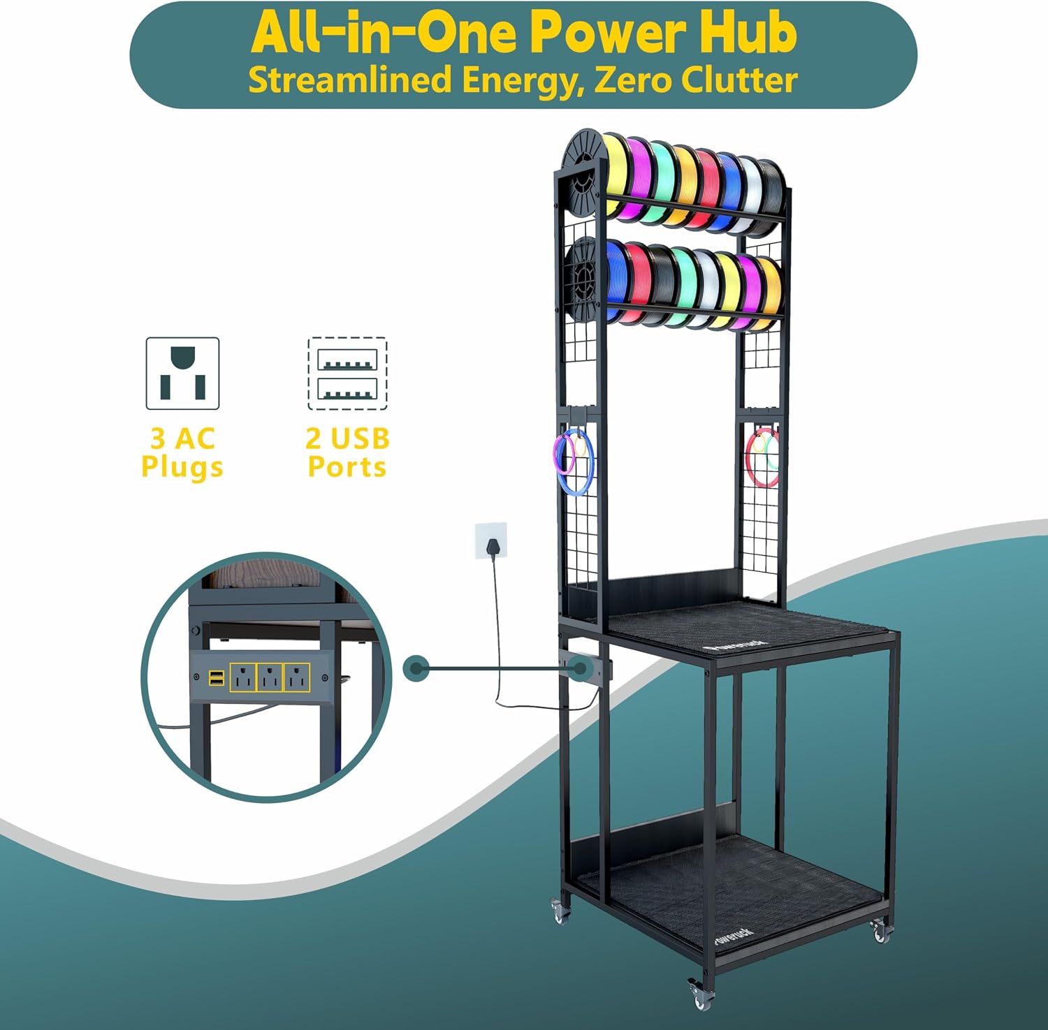 Heavy Duty PRT22 3D Printer Stand with Power Hub, High Density Polymer Vibration Damping Pads, Elevated Storage & Locking Wheels for Most Large Printers