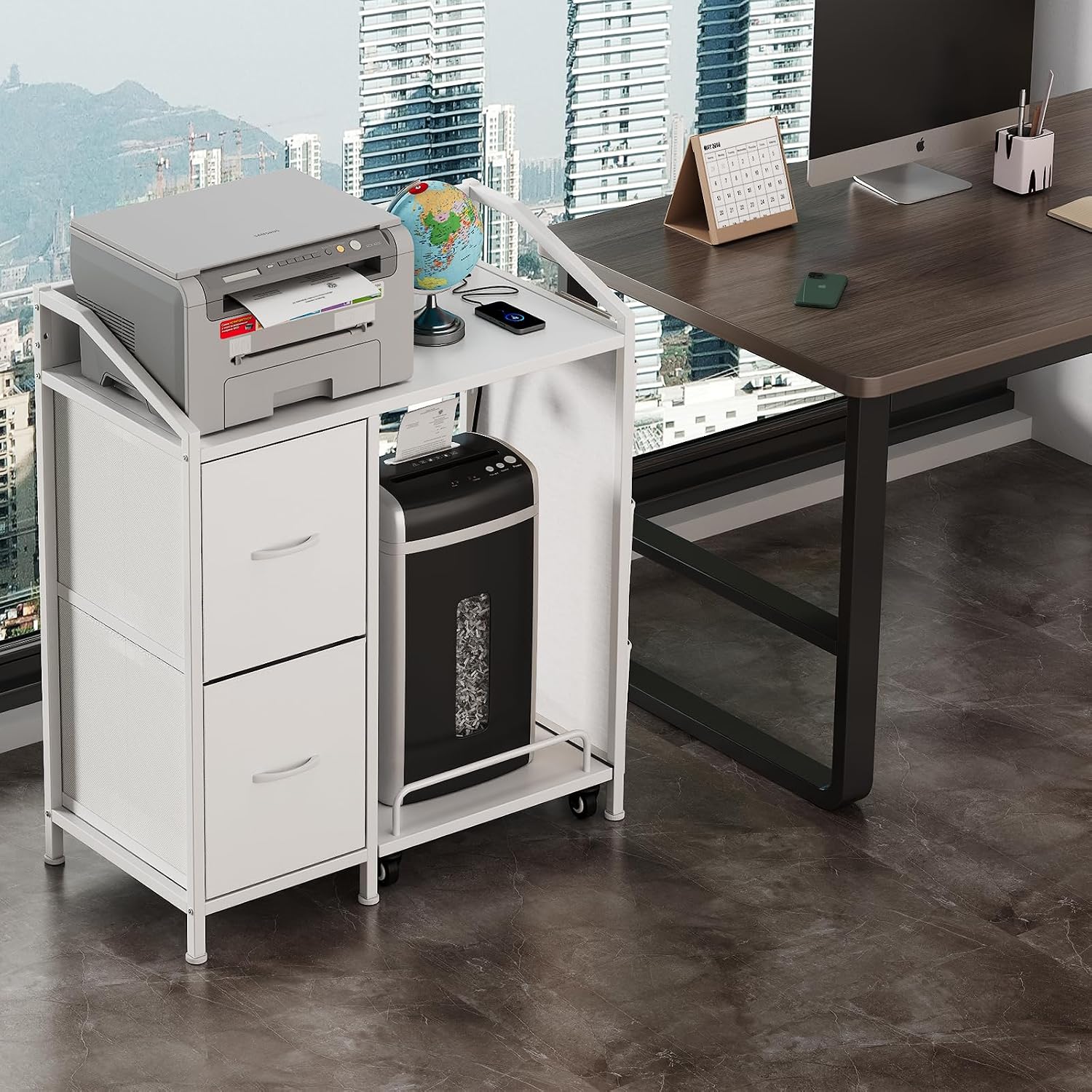 Printer Stand with Storage, Lateral Office Filing Cabinets with Power outlets & USB Charging Port, File Cabinet with Large Printer Stands for Home Office, Shredder Stand Rack (White)