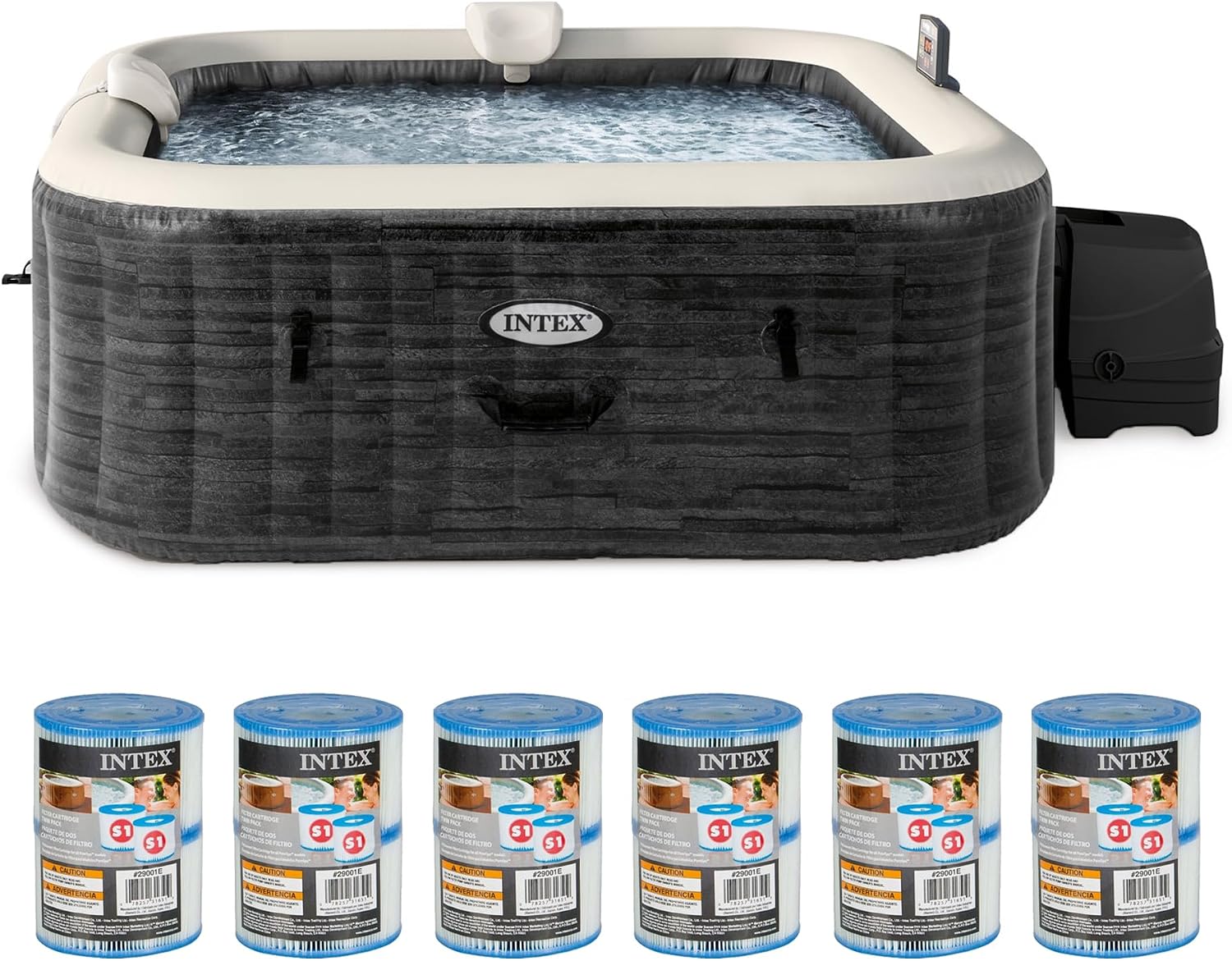 Intex PureSpa Plus Greystone Inflatable Square Outdoor Hot Tub Spa, 94 x 28 Bundled with Type S1 Easy Set Spa Filter Replacement Cartridge, (12 Pack)